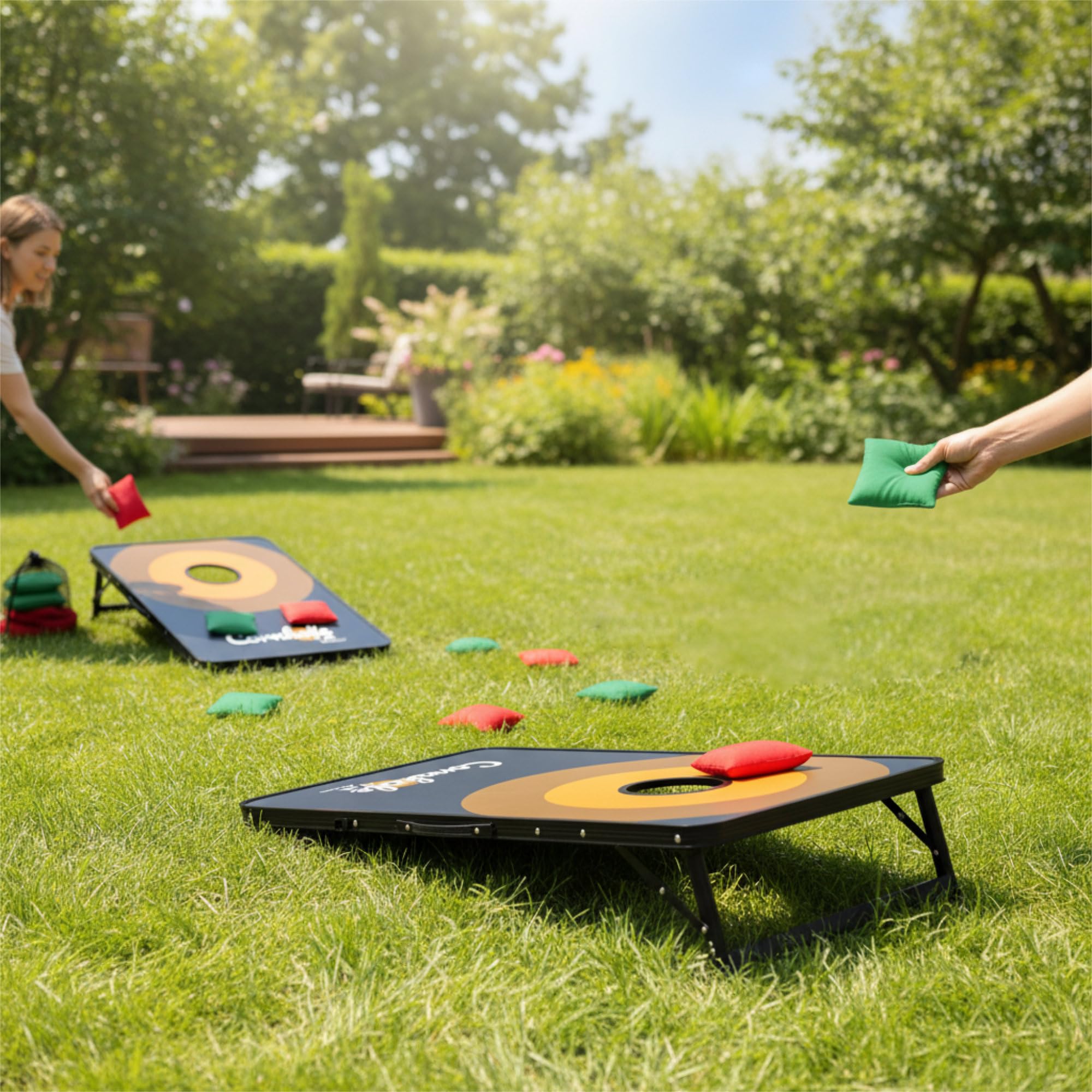 CampFeuer Jeu officiel de Cornhole pour l'extérieur | Jeu de 2 planches, 8 sacs de lancer avec sac de rangement | 90 x 60 cm | Jeu de trou borgne, jeu de lancer, Bean Bag Game, jeu de jardin, jeu de