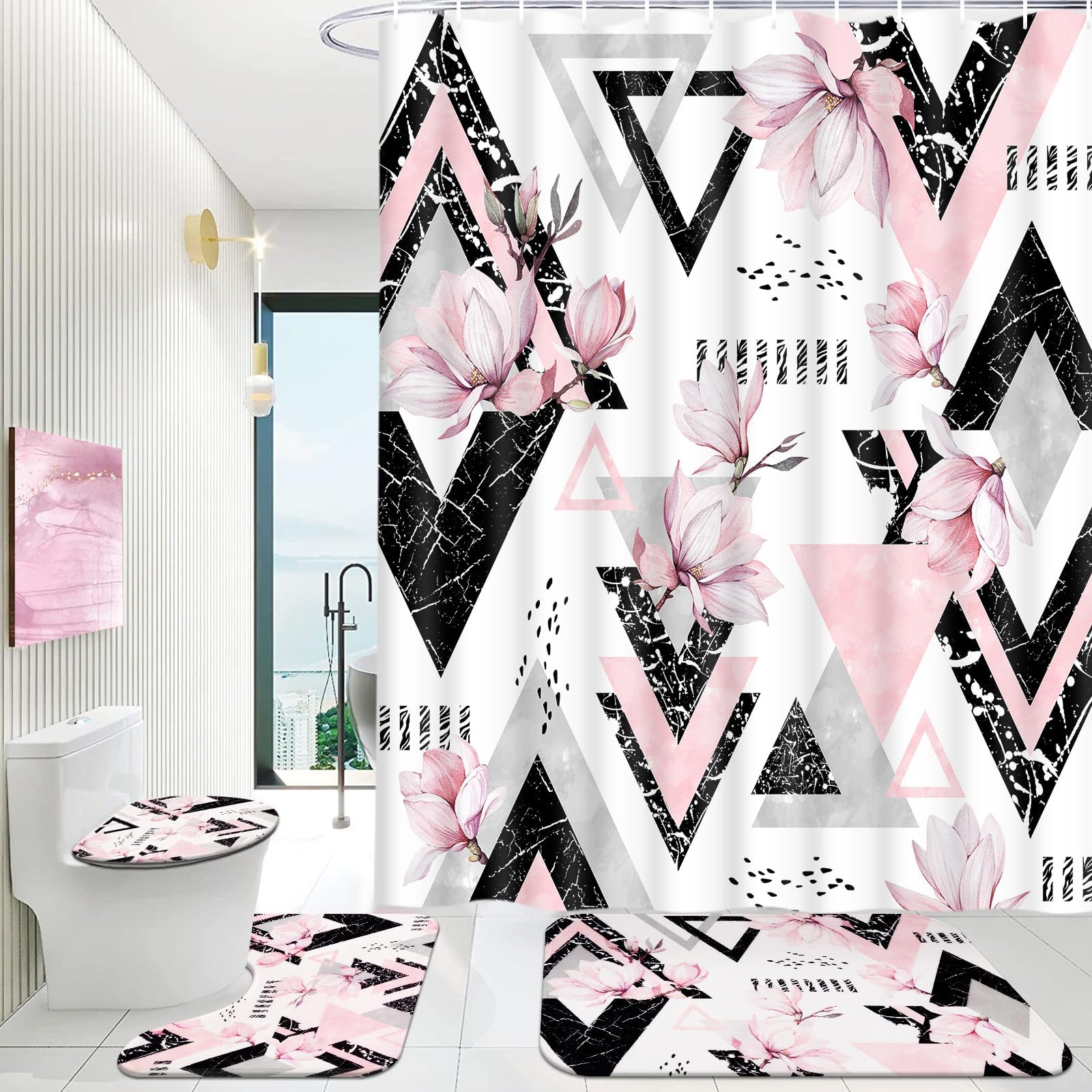 Amazon.com: BEIFIVCL 4Pcs Pink Shower Curtain Sets with Non-Slip Rugs ...