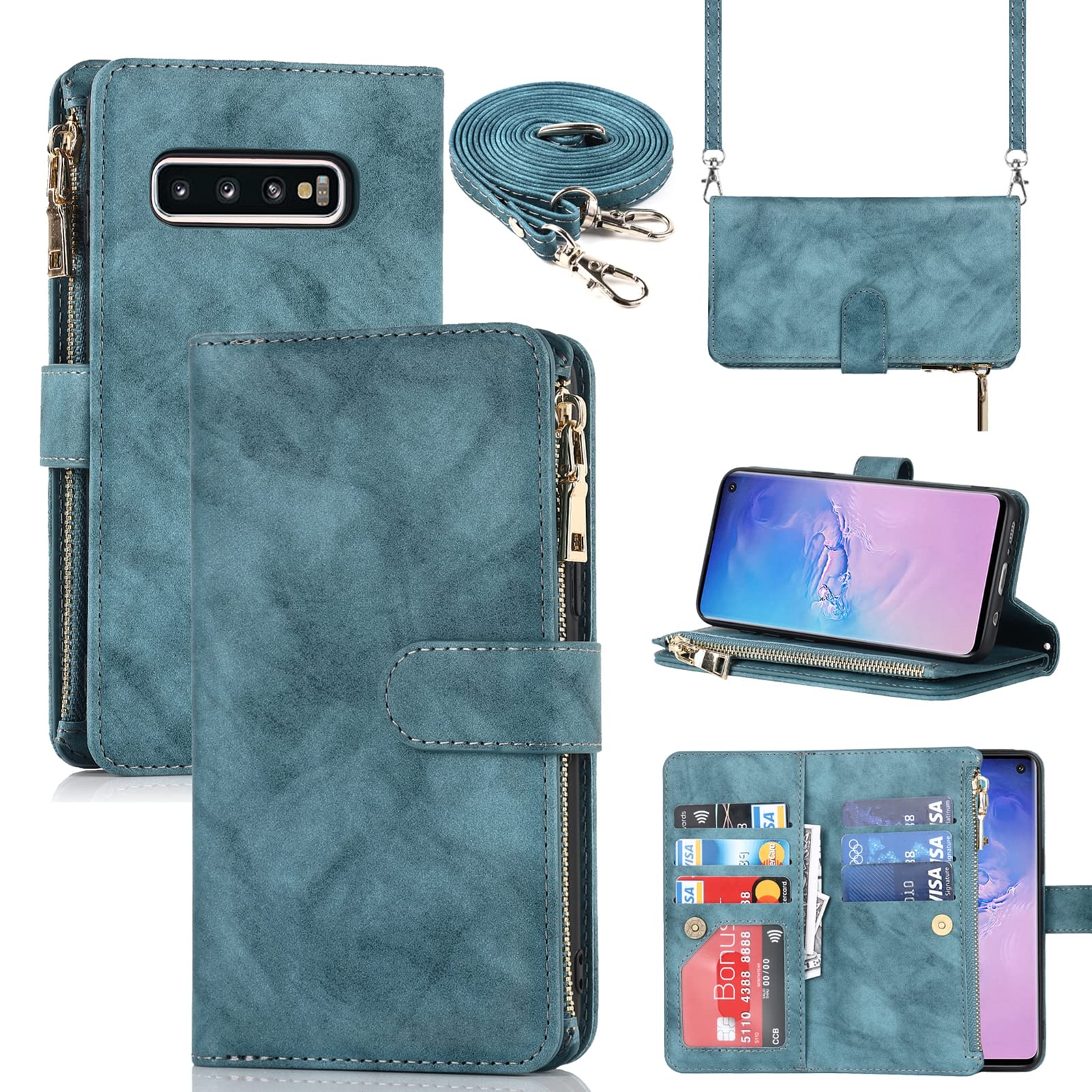 Jaorty Samsung Galaxy S10 Wallet Case,[9 Card Slots] Removable Adjustable Crossbody Necklace Lanyard Shoulder Strap Zipper Magnetic Leather Case for Samsung Galaxy S10,6.1 inch Blue