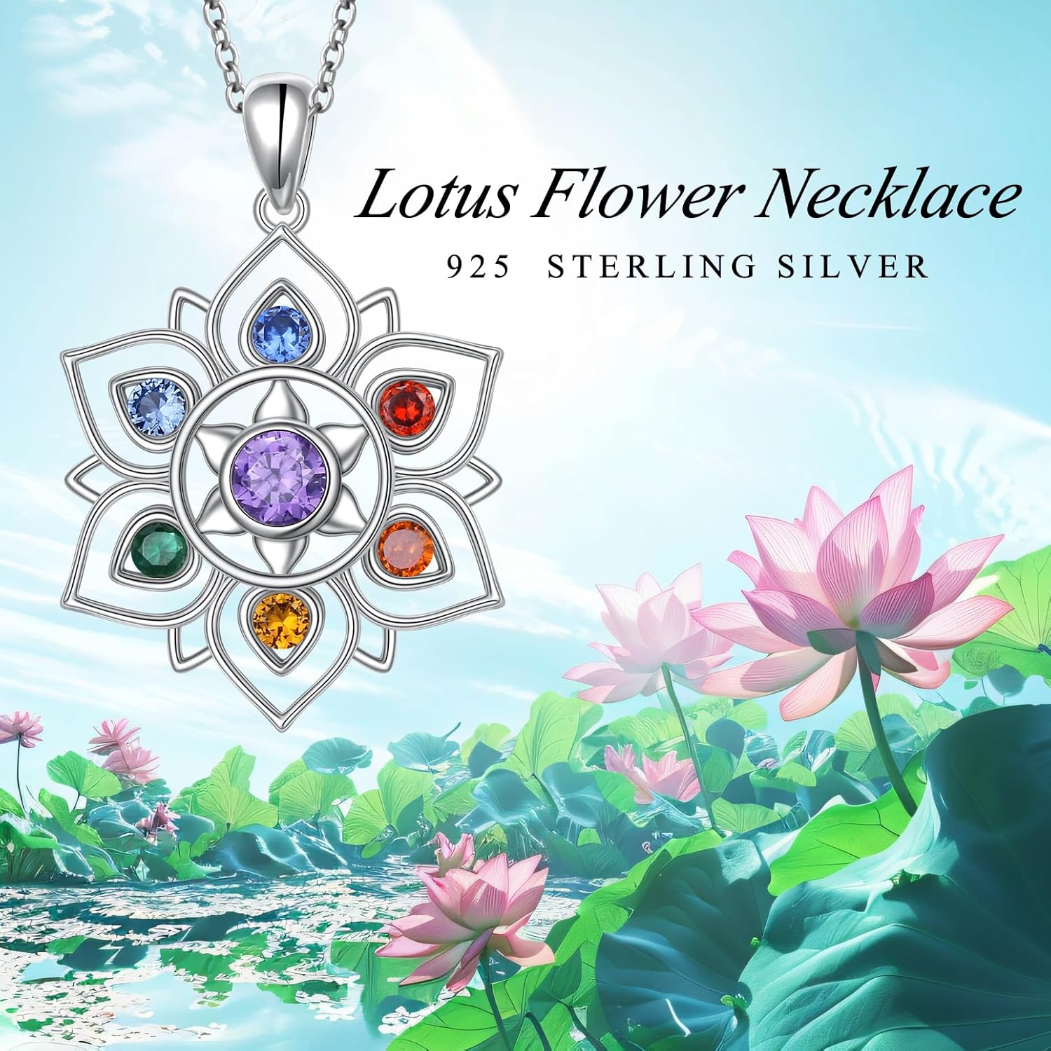 FLYOW 7 Chakra Necklace 925 Sterling Silver Lotus Flower Rainbow Stones Yoga Chakra Energy Balance Pendant Jewelry Christmas Gifts for Women Spiritual Healing - Image 5