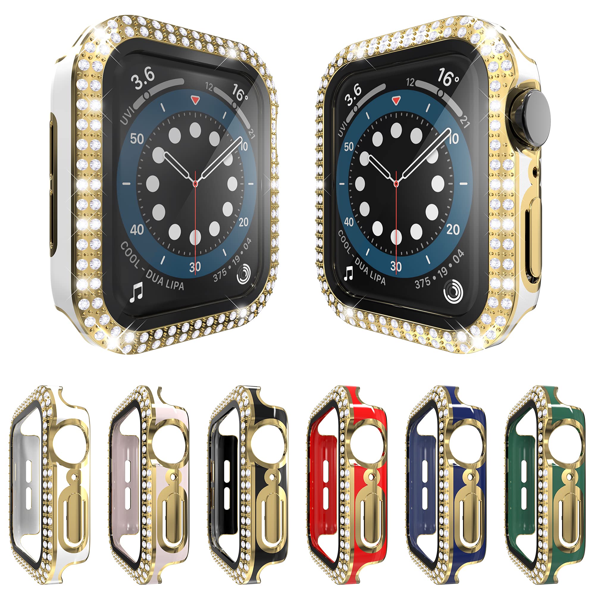 RICHONE Compatible with Apple Watch Series 6 5 4 SE 40mm Case, [6-Pack] Bling Diamonds Cover with 3D Tempered Glass Screen Protector Bumper (Golden Series, 40mm)