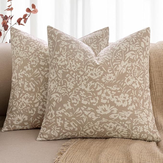 MIULEE Floral Pillow Covers Decorative Throw Pillow Covers 20x20 Pack of 2 Modern Linen Cushion Covers Farmhouse Neutral Pillow Covers for Living Room Sofa Bed,Cream Oatmea