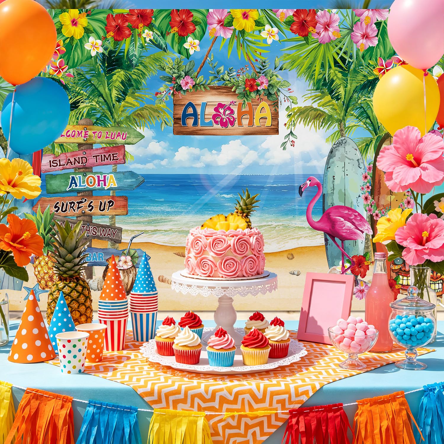 1,8x1,2m Tło na letnią imprezę hawajską, dekoracje na przyjęcie Luau, tropikalne kwiaty, liście palmowe, flamingi, tło Aloha na banner na przyjęcie Aloha, fotografia na plaży, dekoracje na urodziny