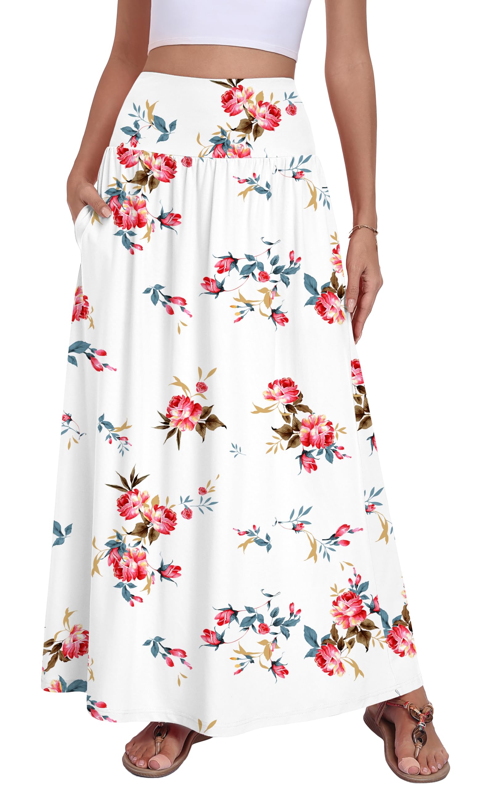 QUEZHU Womens Maxi Long Skirts 2026 Casual A-line Elastic High Waist Flowy Skirt with Pockets