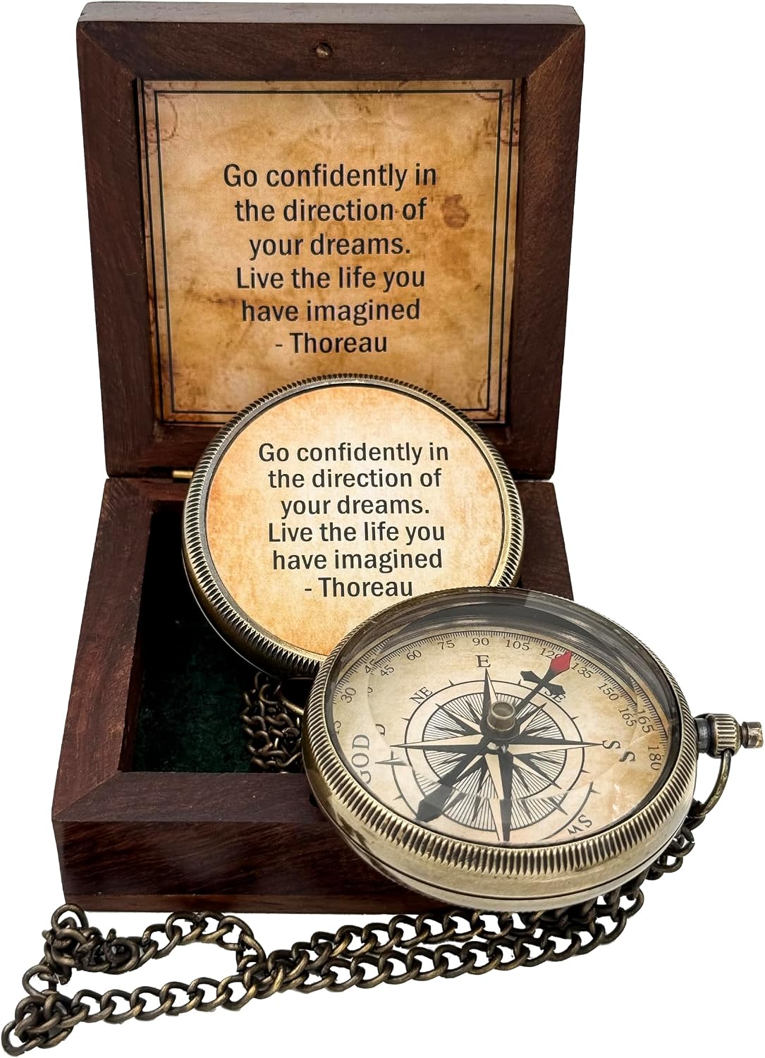 Go Confidently Quote Engraved Compass with Luxury Wooden Case - Camping & Boating - Gift & Graduation Day Compass - Antique Brass