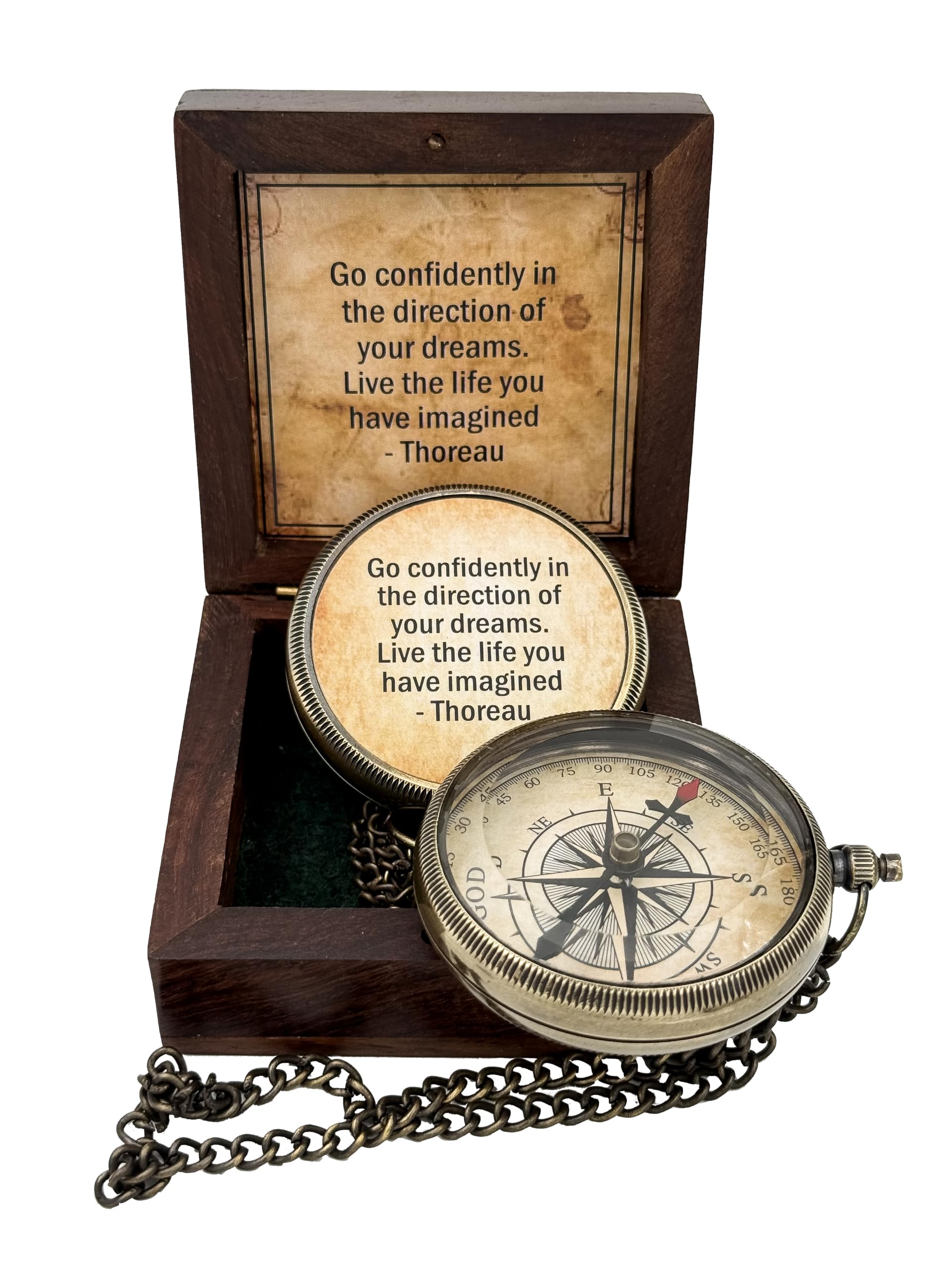 Brújula grabada con cita de confianza con funda de madera de lujo, camping y barco, brújula para regalo y día de graduación, latón envejecido