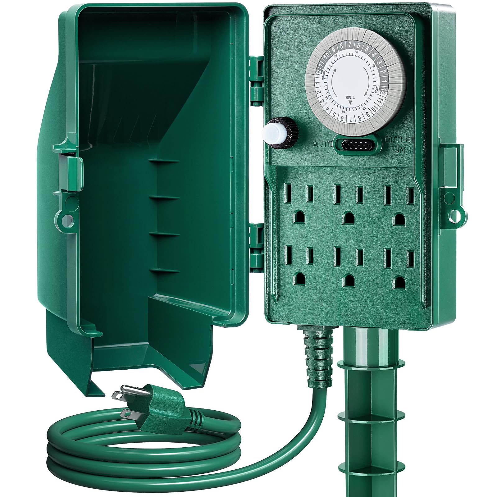 suraielec outdoor power stake timer, 24-hour mechanical light timer, electrical power strip weatherproof, 6ft extension cord multiple outlet plug for patio lights, christmas decorations, etl listed