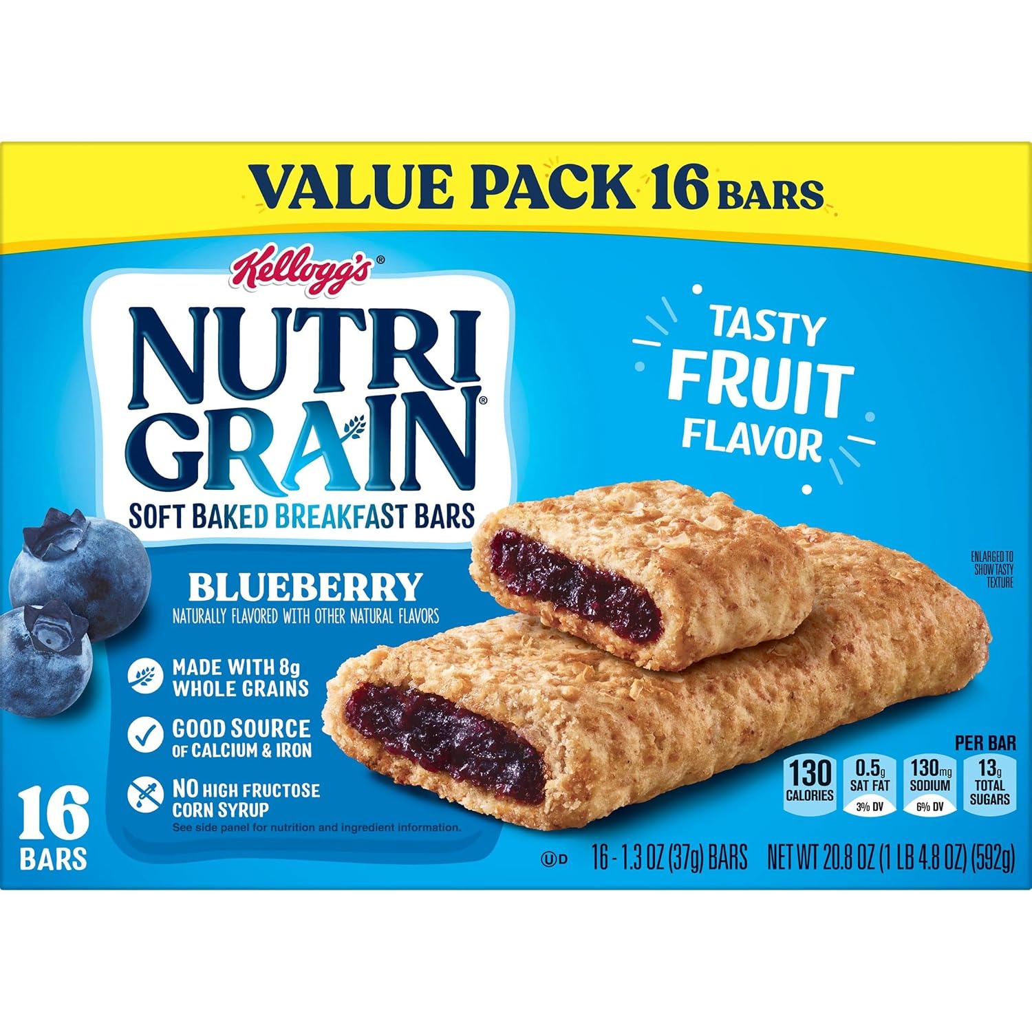 Nutri-Grain Soft Baked Breakfast Bars, Made with Whole Grains, Kids Snacks, Value Pack, Blueberry, 20.8oz Box (16 Bars)