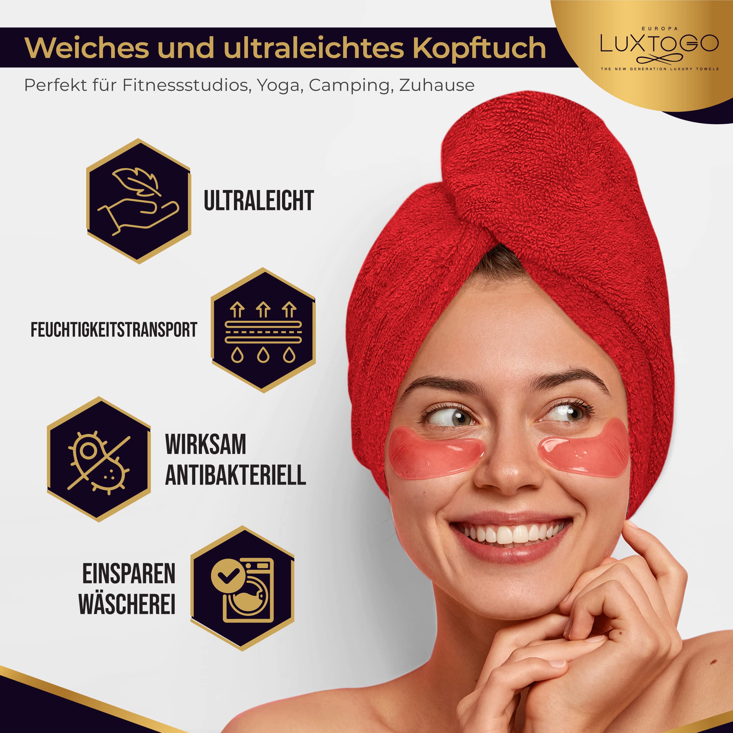 Asciugamano turbante per capelli, 100% cotone, di alta qualità, con bottone ed elastico, turbante per la testa super assorbente (1 pezzo rosso)