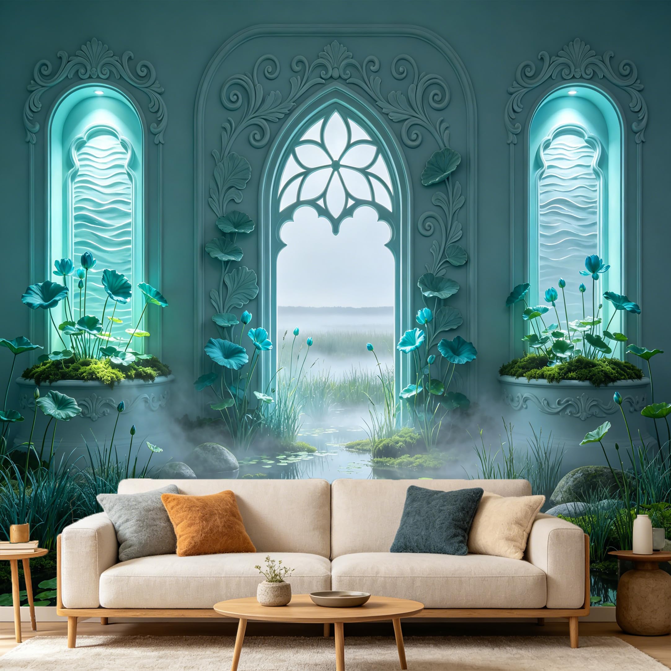 Custom Size Wall Mural 3D Neoclassical Pond Lotus Archway， SelfAdhesive Art Prints wall Fabric Removable Large Wallpaper Home Living Room Decor Zen Botanical Background