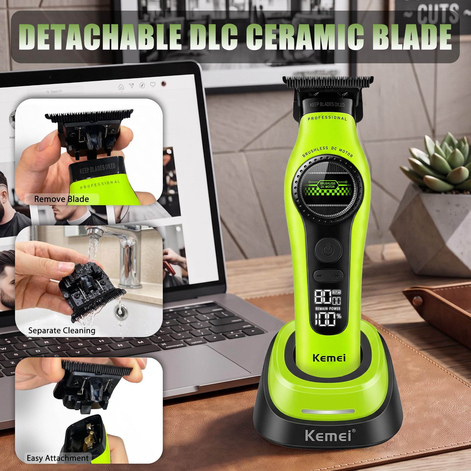 KEMEI 1595 Profi Haar-/Bartschneider Herren, Elektrischer Haartrimmer | Bürstenlosem Motor, 5 Verstellbare Geschwindigkeiten, LCD-Display & DLC-Klinge, Für Haar, Bart und Körper(Weiß, Gelb, Grün)