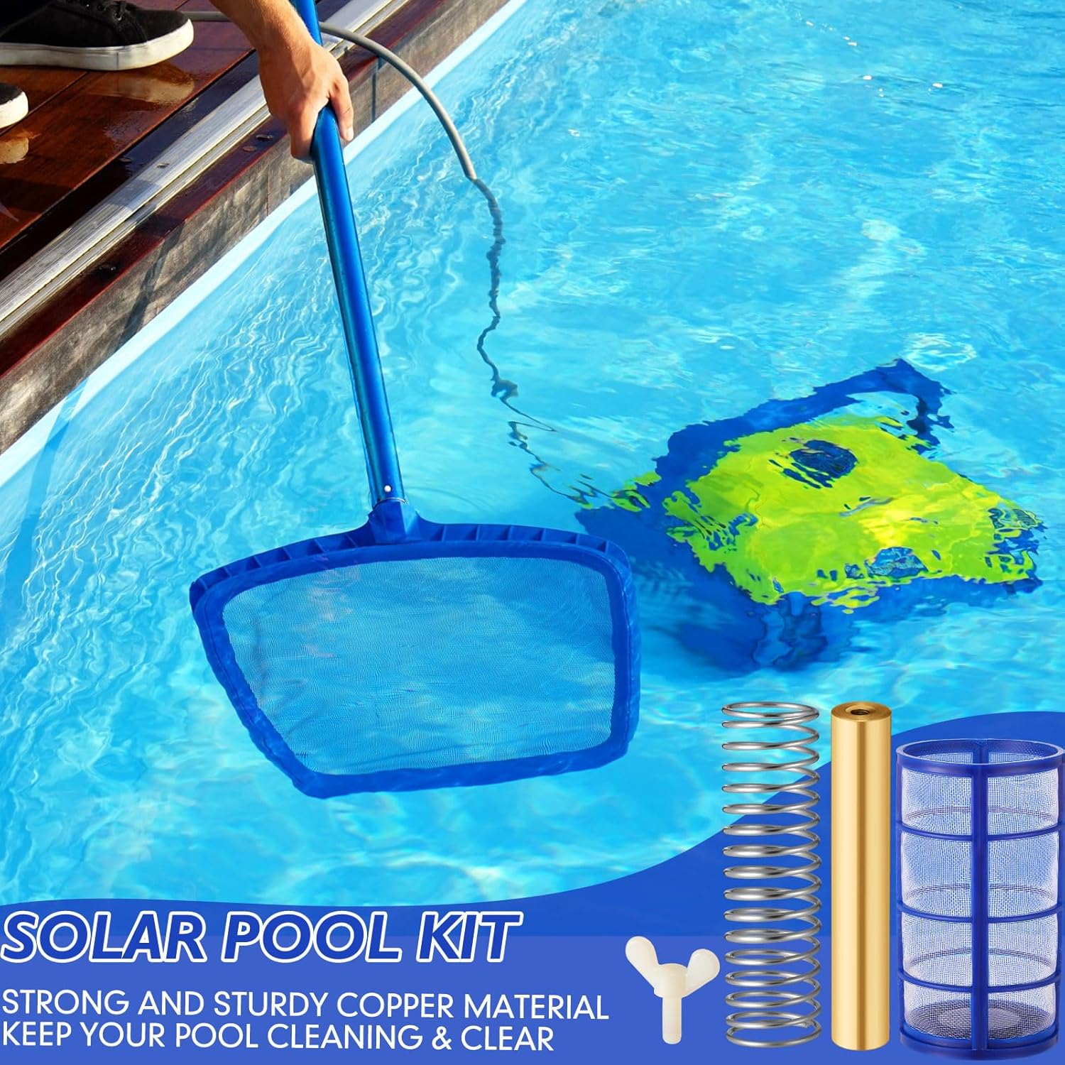 Qualirey 6 Pcs Copper Anode Replacement Kit Solar Pool Replacement Including Copper Anode Basket Screen Spring and Screw for Solar Pool, Reduces Chlorine 4.13 x 0.71 Inch Threaded M6 (Blue)