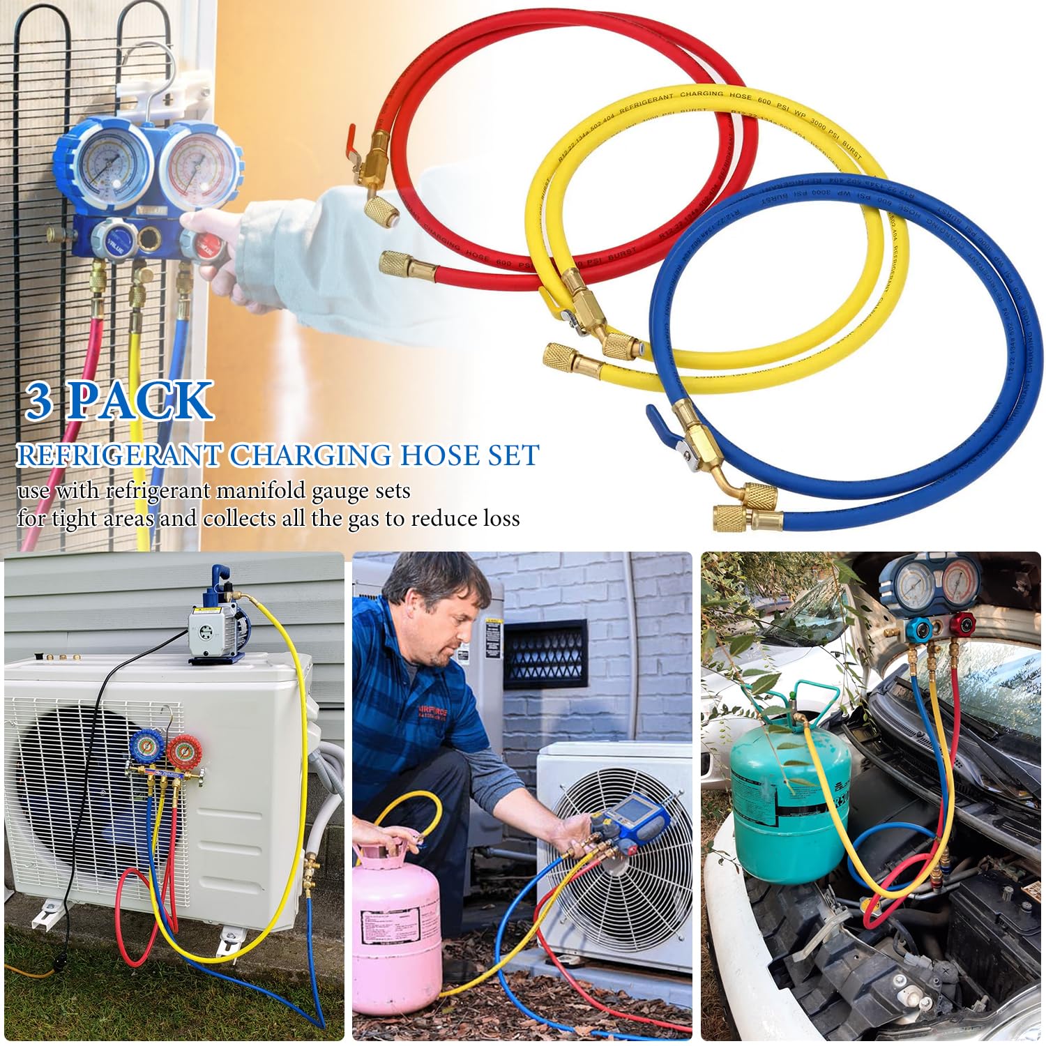 HVAC Schlauch Klimaanlage Schlauch Kältemittel Ladeschläuche mit Kugelhähnen | 182,9 cm, tragbar, 0,6 cm Gewindeschlauch für gängige Kältemittel, Rot/Gelb/Blau