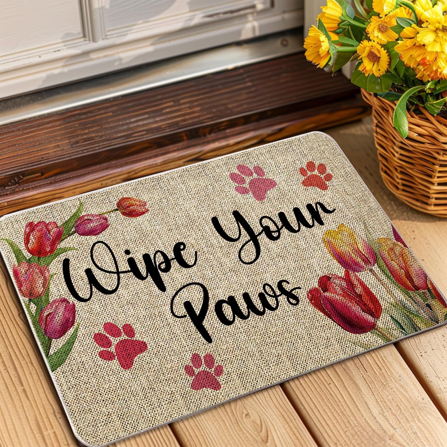 Spring Door Mat Wipe Your Paws Welcome Mat Outdoor Spring Floral Flowers Entrance Rug Farmhouse Home Kitchen Decorations Floor Front Doormats 17 x 27 Inch
