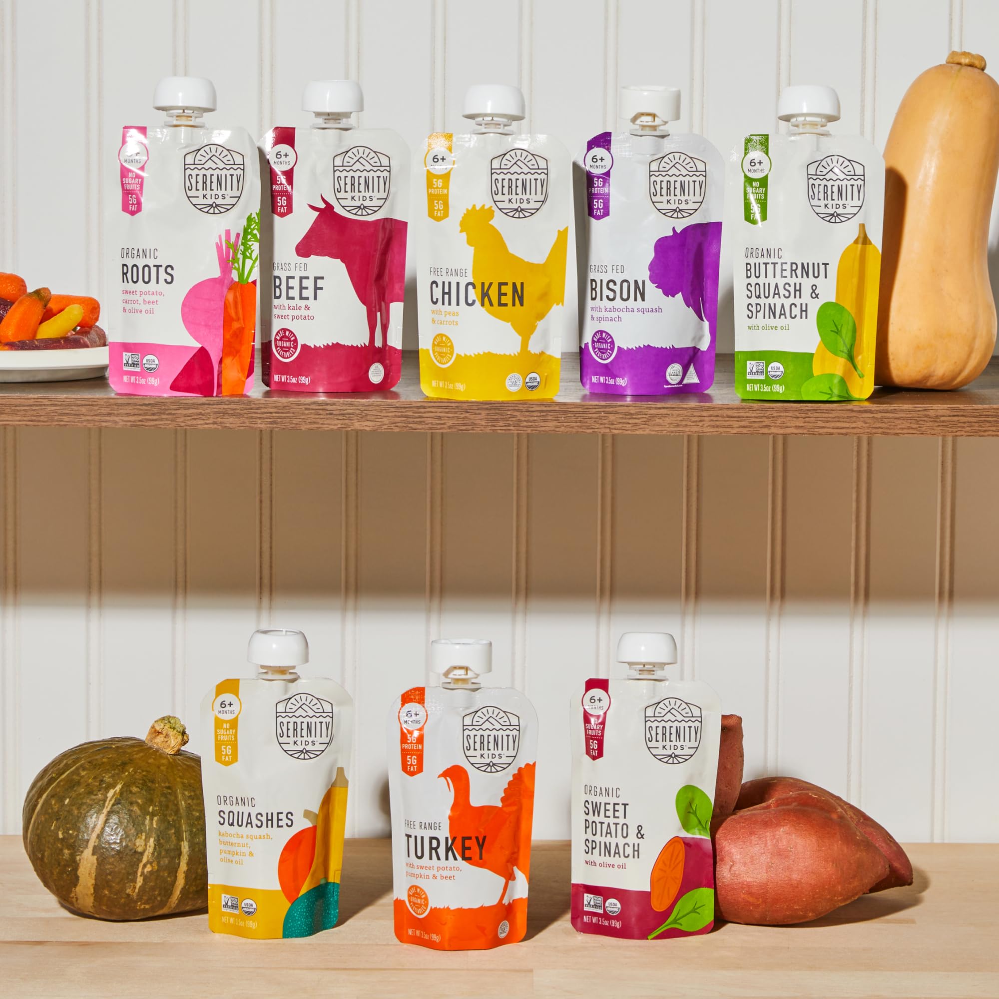 Serenity Kids 6+ Months Meats + Veggies Mixed Baby Food Puree Pouch Variety Pack 18 Count- No Sugary Fruits or Added Sugar - 3.5 Oz BPA & Allergen Free Pouch- Baby Puree Variety Pack