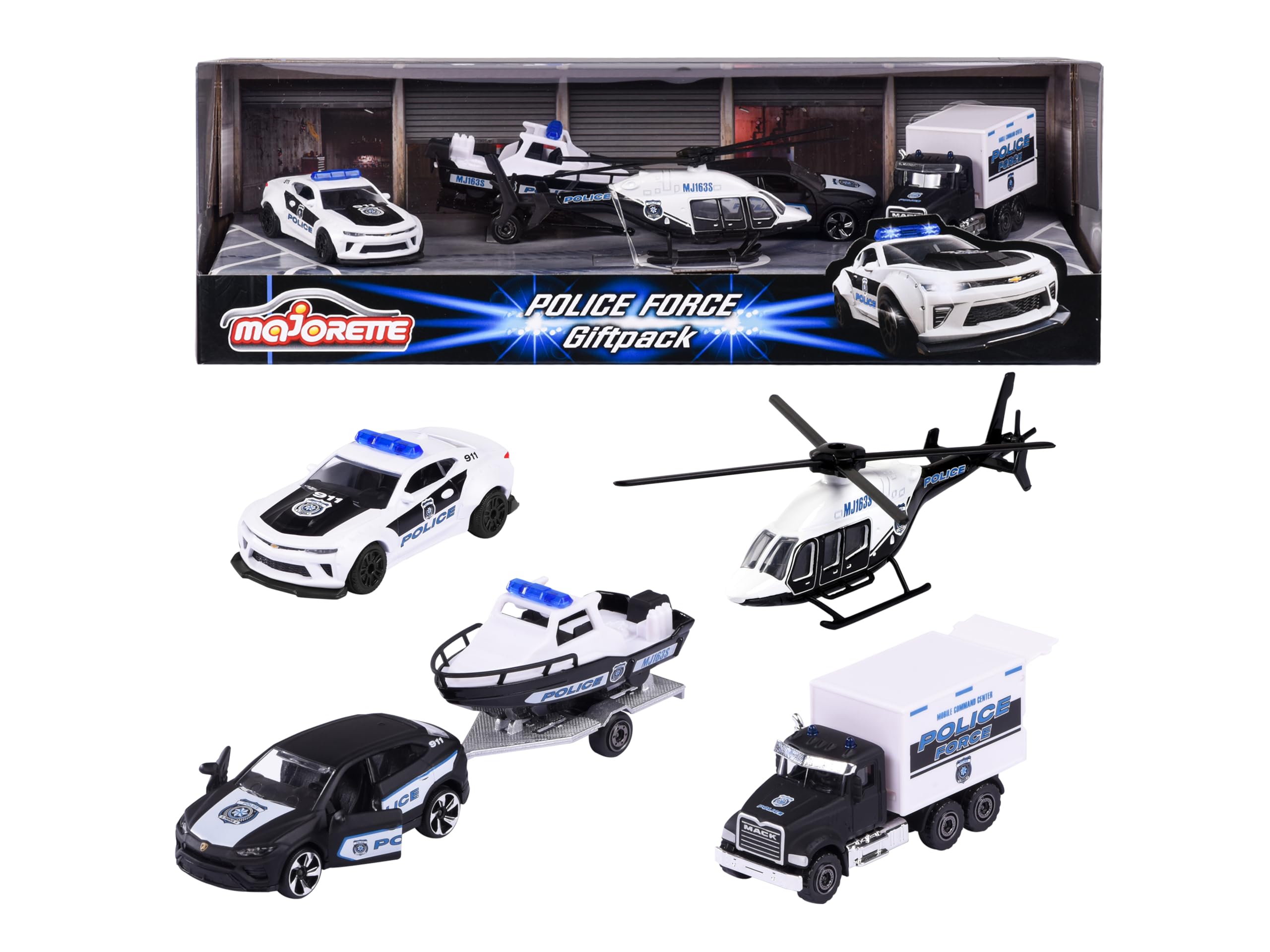 Police Force Gift Set Toy Vehicles, Die Cast Metal, Movable Parts, 7.5 cm Long Police Car for Children Aged 3 Years and Above- Set of 5- Black and White