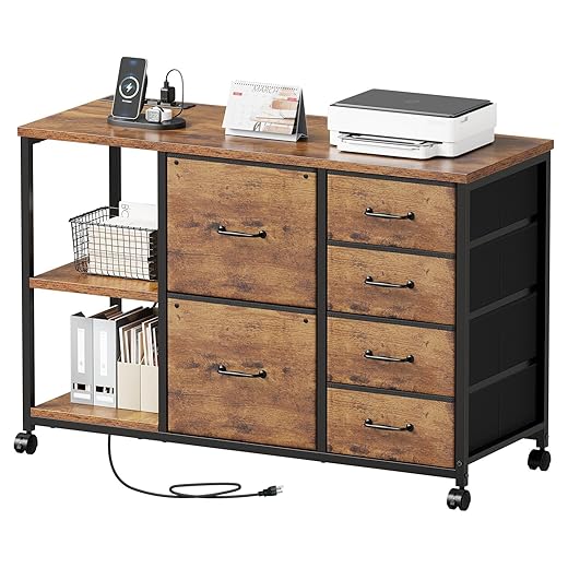 Maihail 6 Drawer File Cabinet with Charging Station Rolling Printer Stand with Open Storage Shelf Fabric Lateral Filing Cabinet for Home Office,Rustic Brown2
