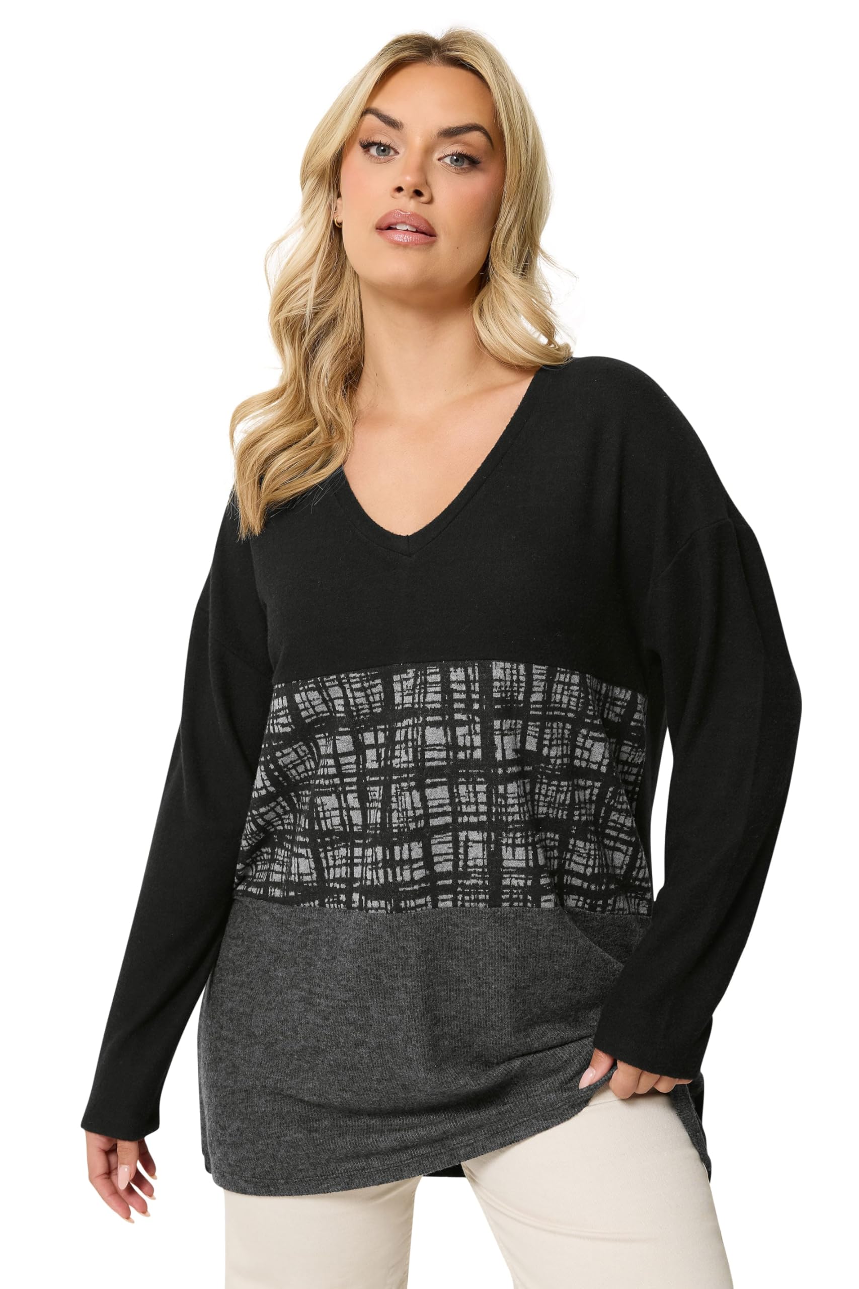 Yours Women's Black Curve Colourblock Soft Touch Top - Plus Size Curve