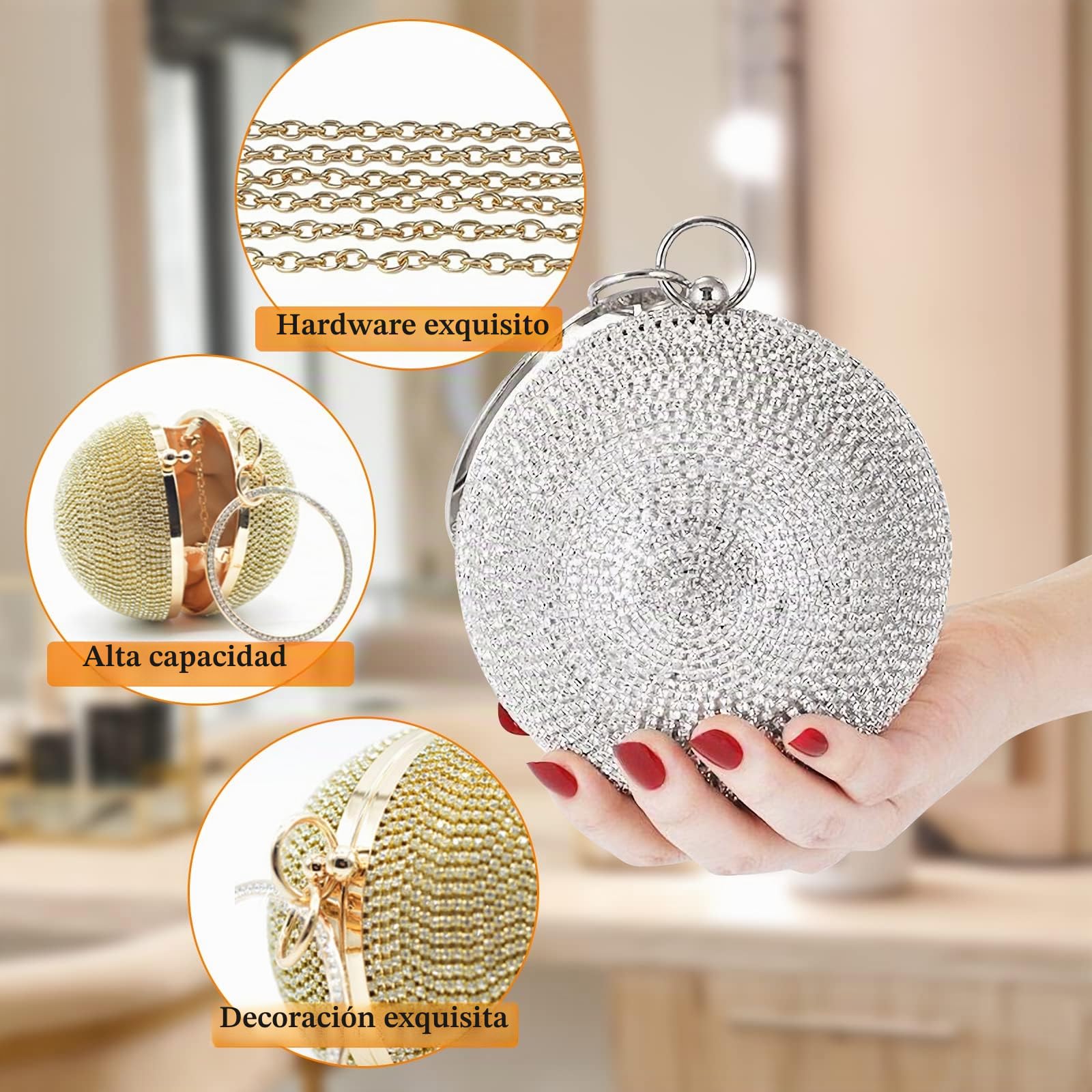 Bolso de Fiesta para Mujer Bolso de Mano de Noche de Cristal con Bola Redonda Diamantes de Imitación Clutch Bolsos Bandolera Bolso de Hombro para Fiesta de Graduación Boda Banquete Dorado