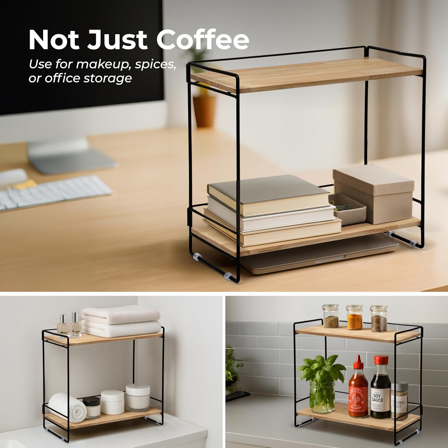 Wooden Coffee Bar Organizer, 2 Tier Kitchen Coffee Shelf for Countertop