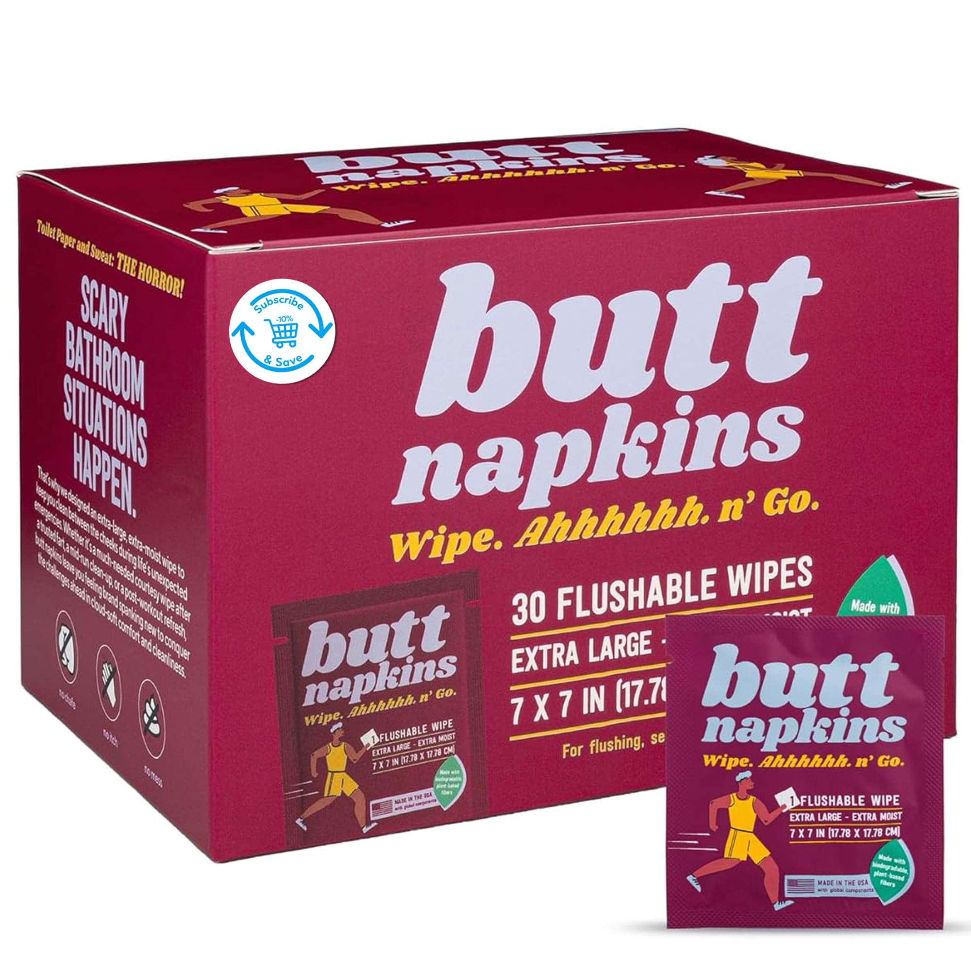 Servilletas Butt, toallitas desechables a base de agua, envueltas individualmente, para viajes, correr, acampar, festivales, sin perfume e hipoalergénicas, tamaño adulto (correr, 30 unidades (paquete