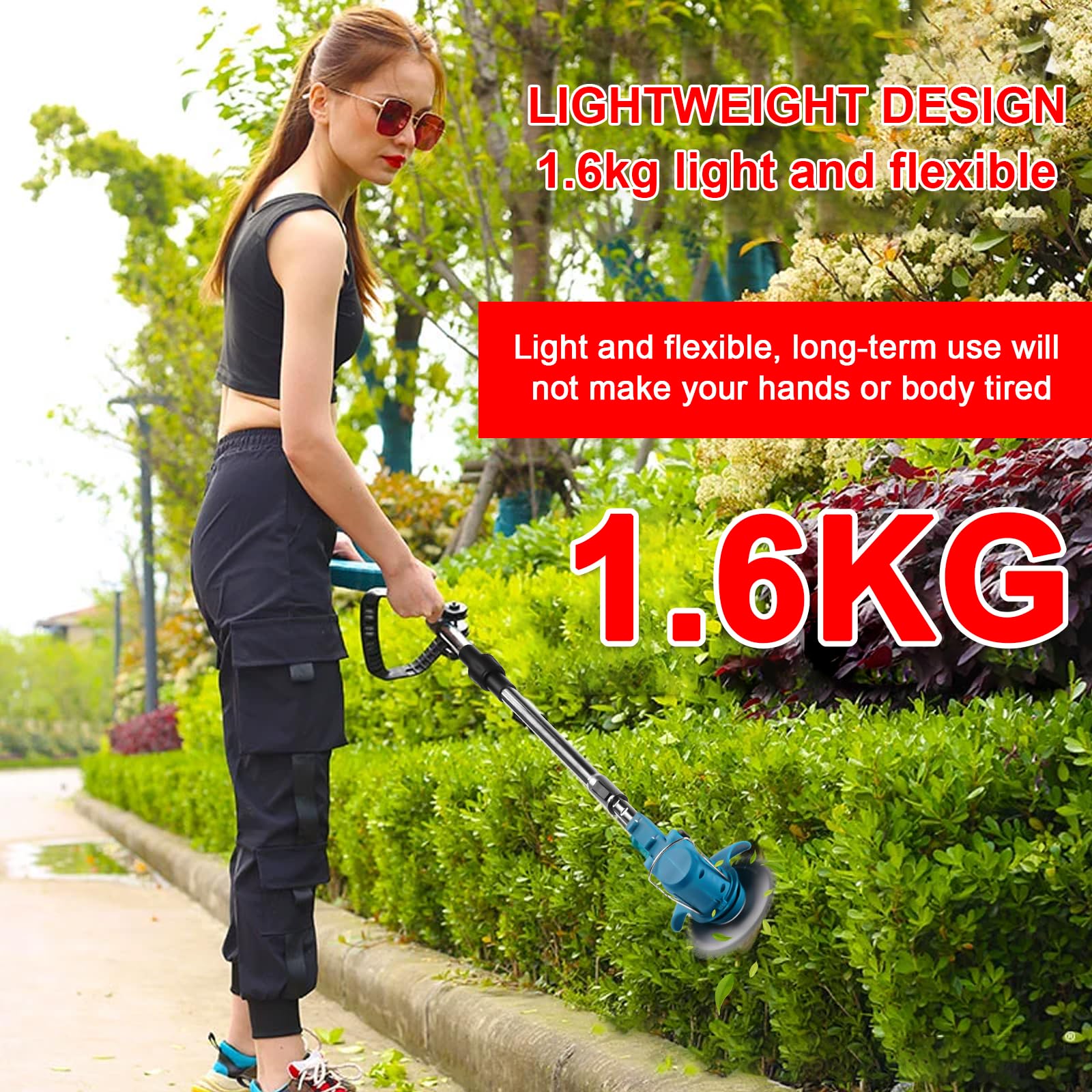 Cortadora de césped inalámbrica, cortadora de césped a batería con 2 baterías de 1500 mAh, desbrozadora eléctrica Ajustable, Recortadora de Bordes con Mango telescópico y Ruedas adicionales - 4