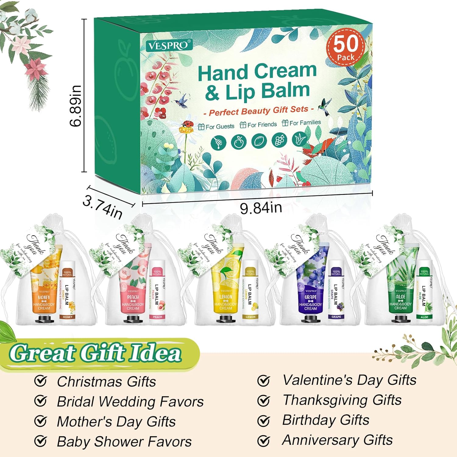 VESPRO 50 Sets Bulk Hand Cream and Bulk Lip Balm, Mothers Day Gifts, Bridal Shower Favors for Guests with Thank Card Organza Bags, Wedding Favors, Teacher Appreciation Gift and Nurse Gifts