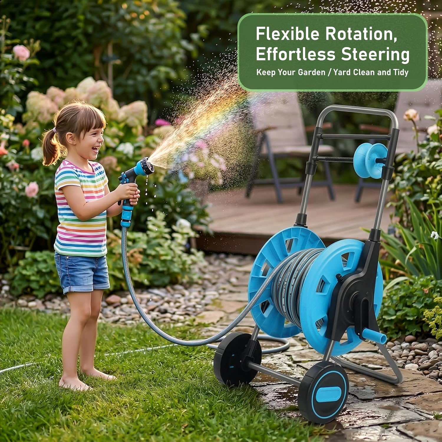 Outvita Garden Hose Reel Cart, Hold Up to 100Ft of 5/8'', Hose Cart with Labor-Saving Pulley & Smooth Rewinding, Hose Reel Cart with Wheels & Adjustable Armrest,Portable for Garden, Yard, Lawn,Outdoor