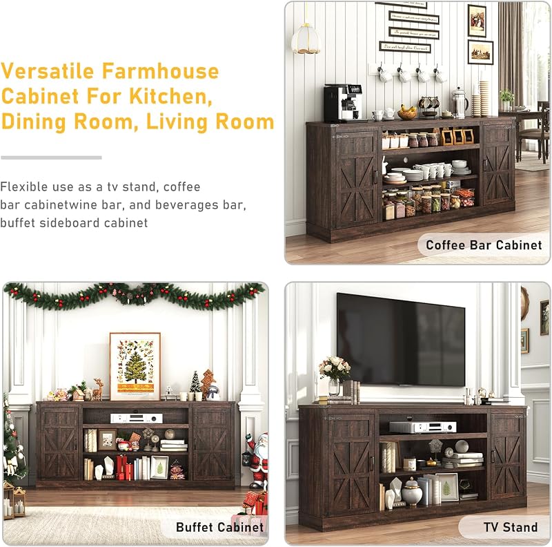 Hlivelood 75" Farmhouse TV Stand with Power Outlets for 85 Inch TVs, 33" Tall Entertainment Center with Storage Cabinets w/Adjustable Shelves, Rustic Large TV Media Console, Brown image 6