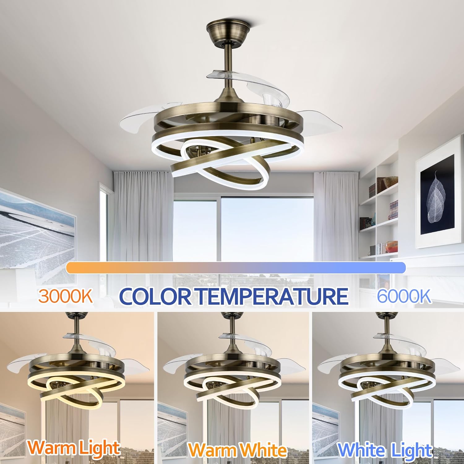 42" Retractable Fandelier Ceiling Fan with Lights Remote - Silent Dimmable Modern 6 Speed LED Chandelier Fan for Bedroom Living Room Kitchen