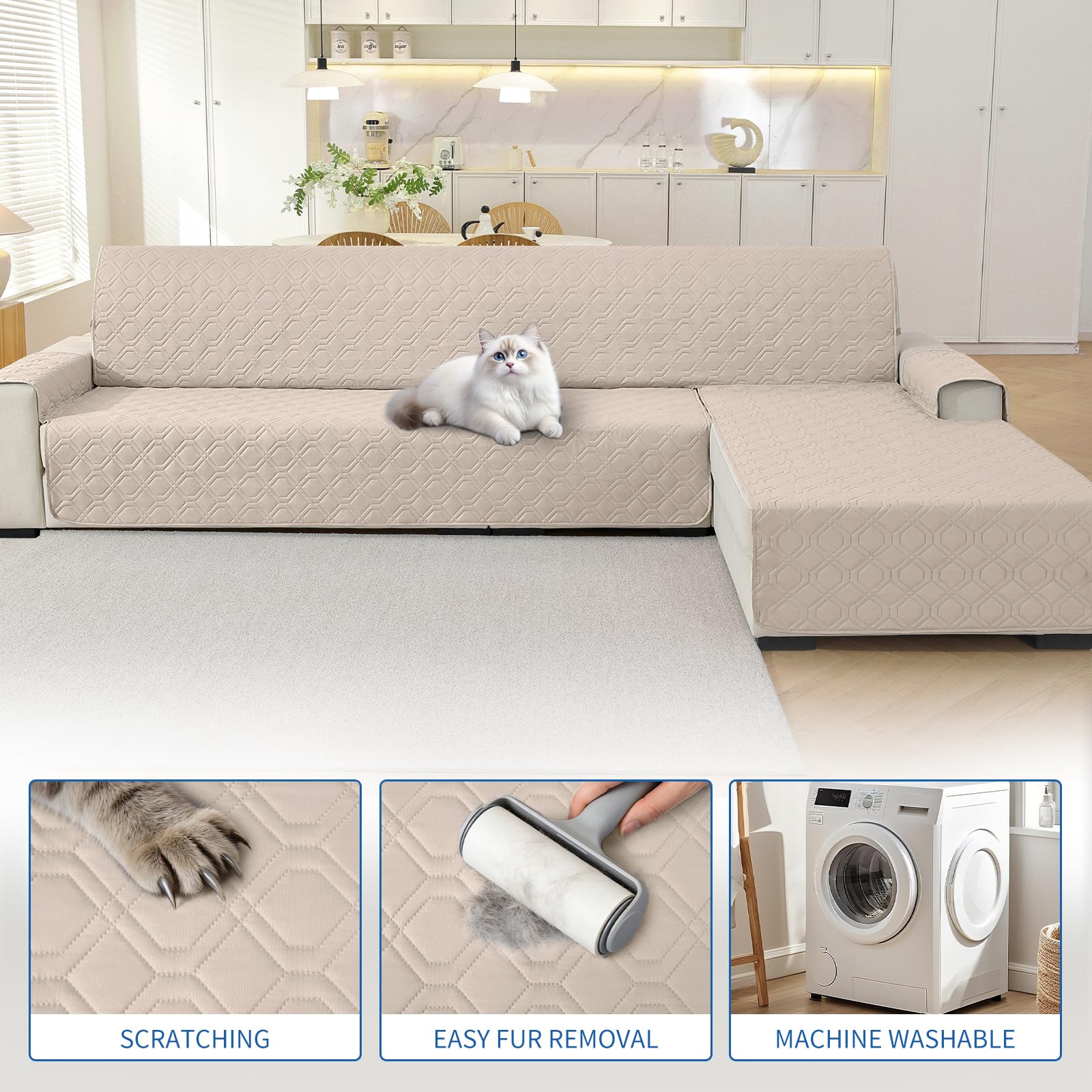 YSTELLAA Impermeabile Copridivano 3 Posti Con Penisola, Copri Divano Angolare Destra/Sinistra Universale Reversibile, Copridivano Chaise Longue Antiscivolo, Antigraffio Antimacchia, Beige