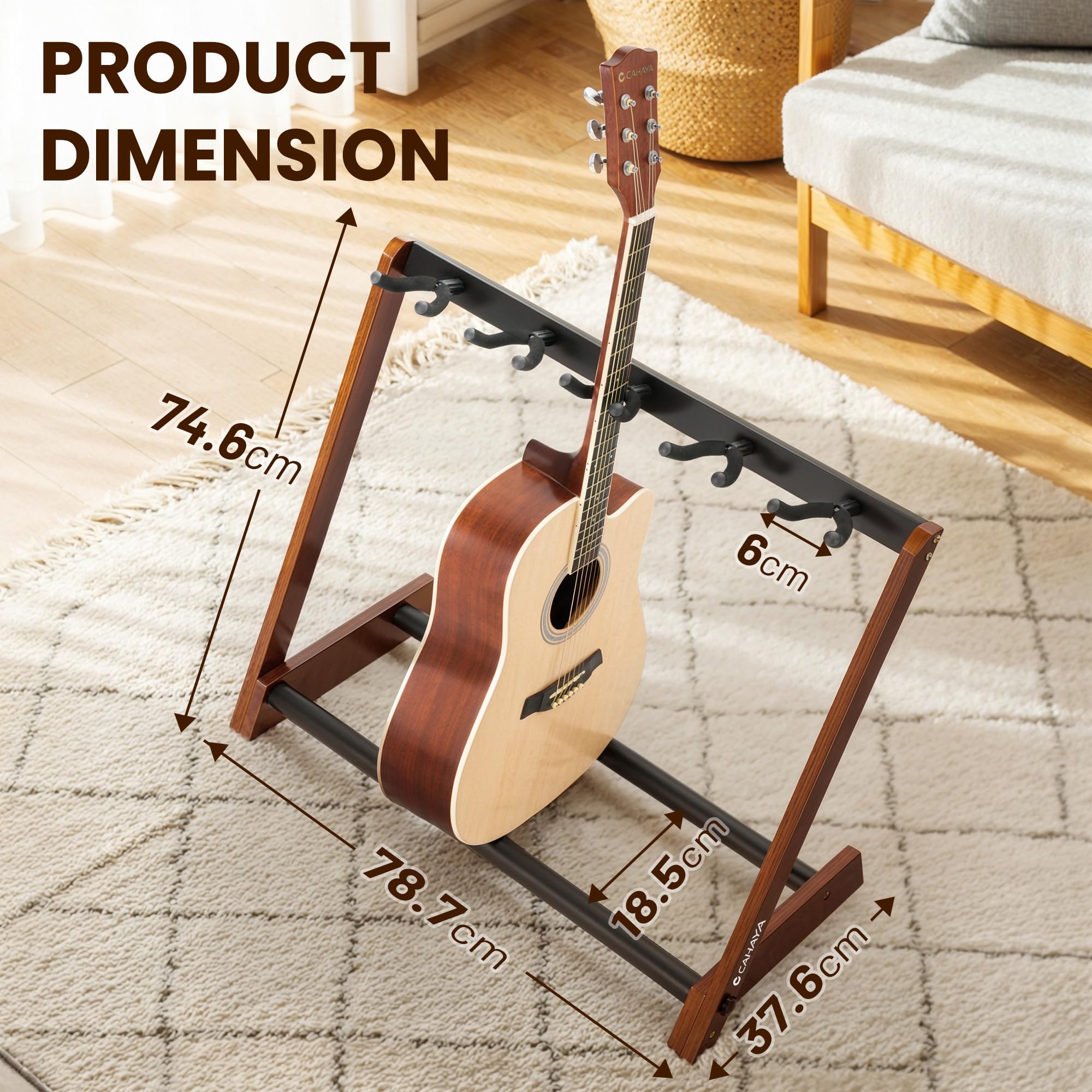 CAHAYA Supporto Multi Chitarre in Legno - Stand da Pavimento per 5 Chitarre Pieghevole e Portatile per Chitarre Acustiche, Elettriche, Classiche e Basso - Espositore per Casa e Studio