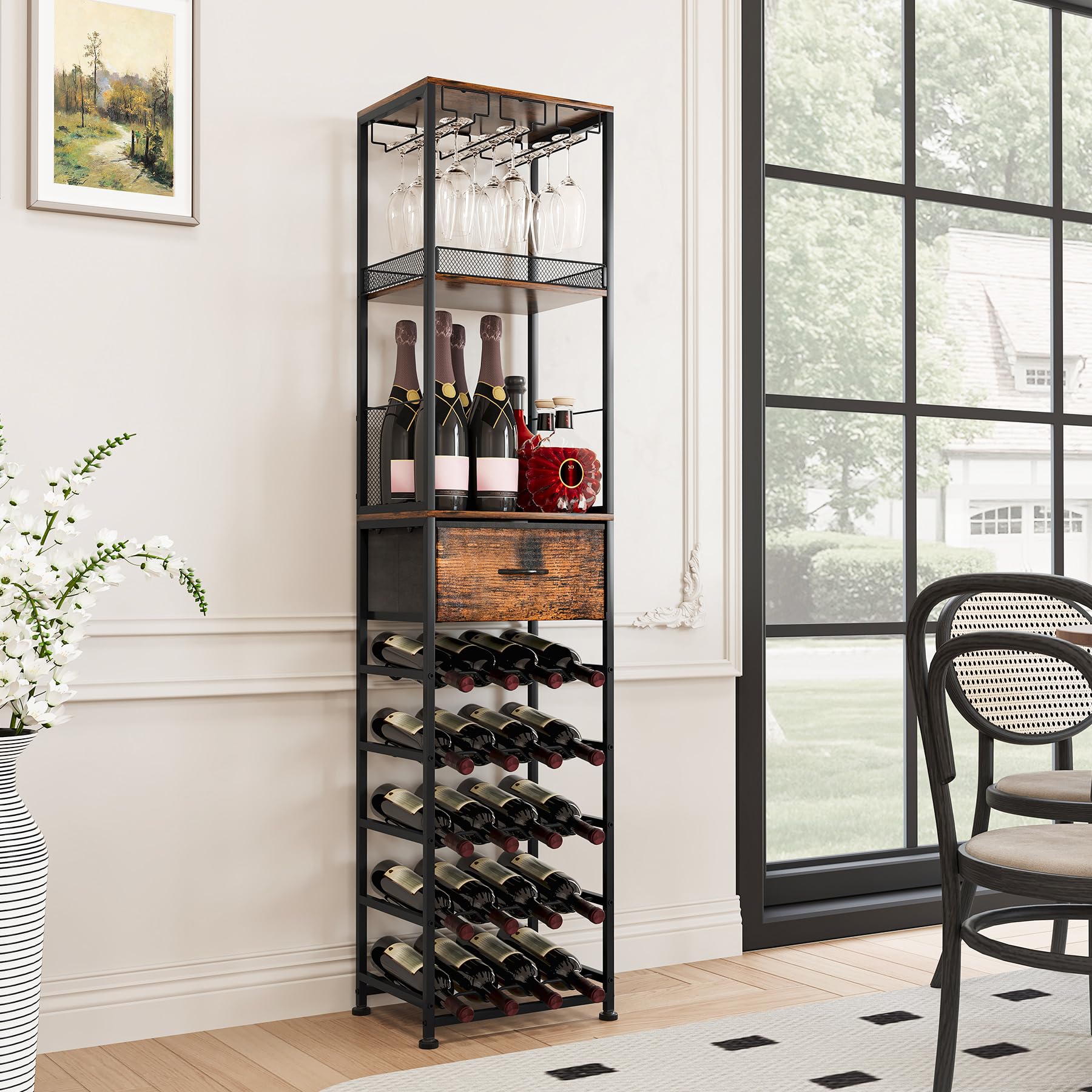 TQVAI Weinregal Holz Freistehend 7-Stöckiges Weinflaschenhalter Halterung für 40 Flaschen Weinhalter mit Schubladen Aufbewahrungssystem für Bar Wohnzimmer Küchen Regal Barschrank, Schwarz/Antik