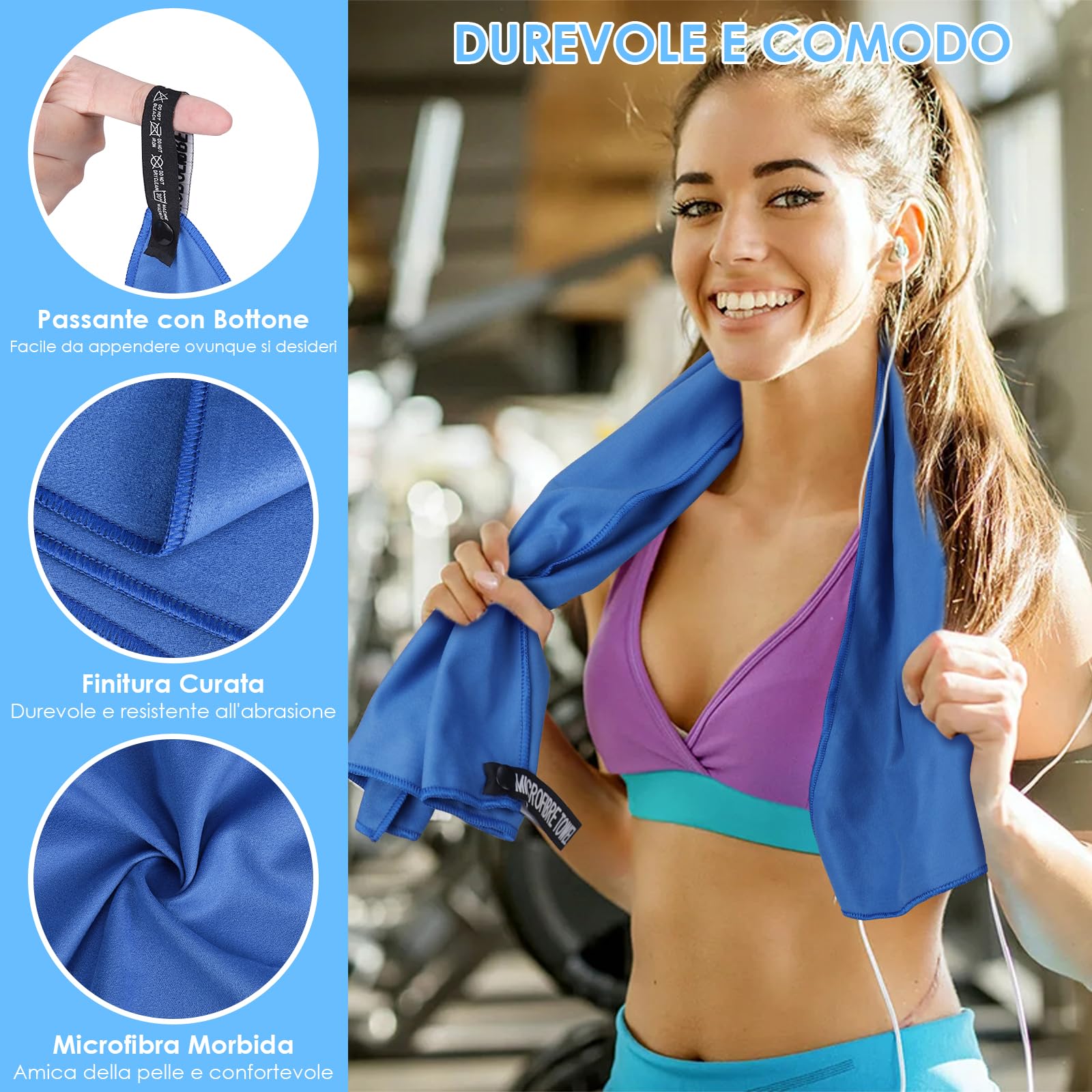 Erichero Asciugamano Microfibra Set di 3, 180x80cm Asciugamano Palestra Grande & 2 Pezzi 80x40cm Telo Mare Microfibra, Compatto & Ultraleggero Asciugamano Viaggio Asciugamano Sport(Blu)