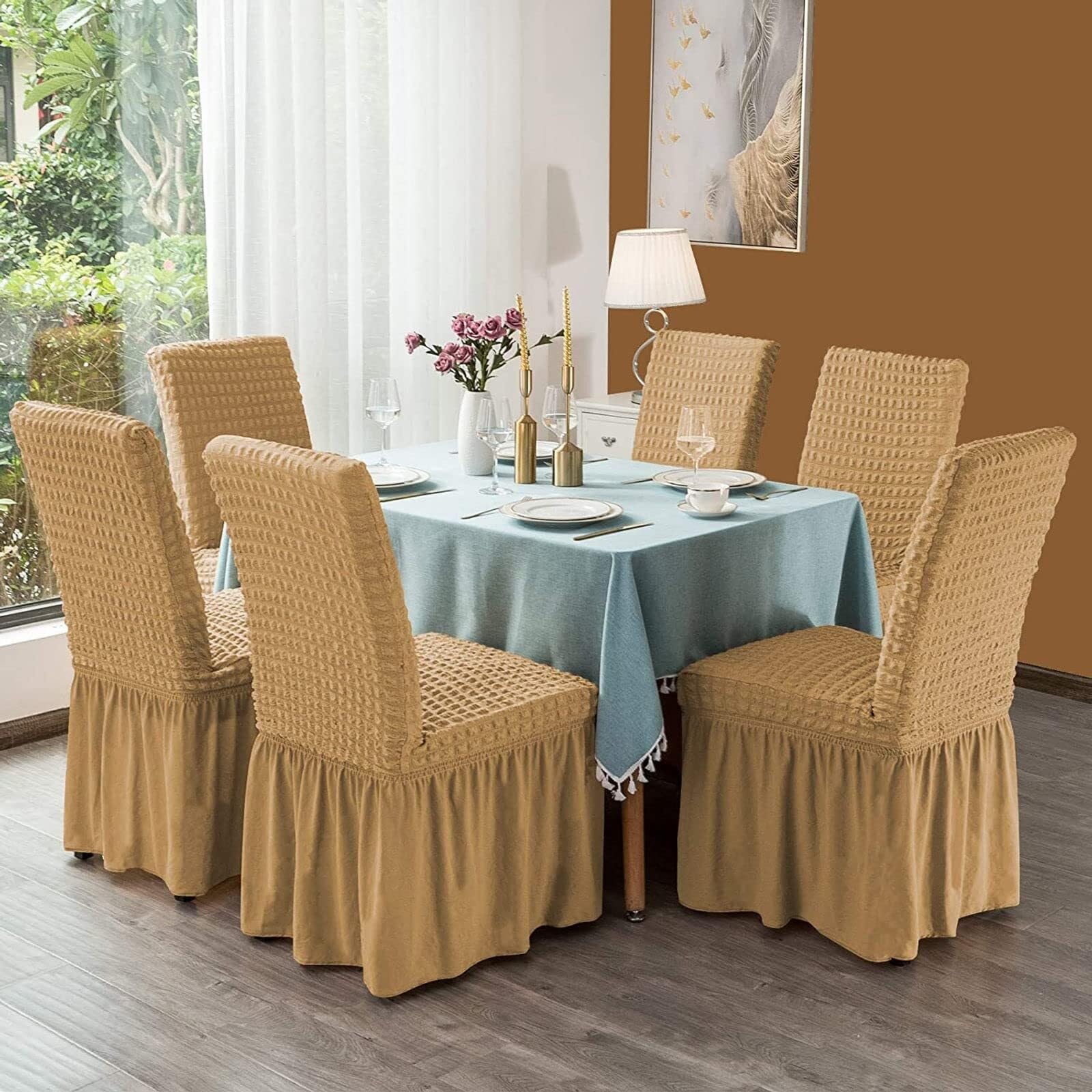 Stretchable Seersucker Esszimmerstuhlhussen, 6 Stück, elastische Stuhlhussen für Hochzeiten, Hotels und Veranstaltungen, elegante Farbe Jaune B, pflegeleicht