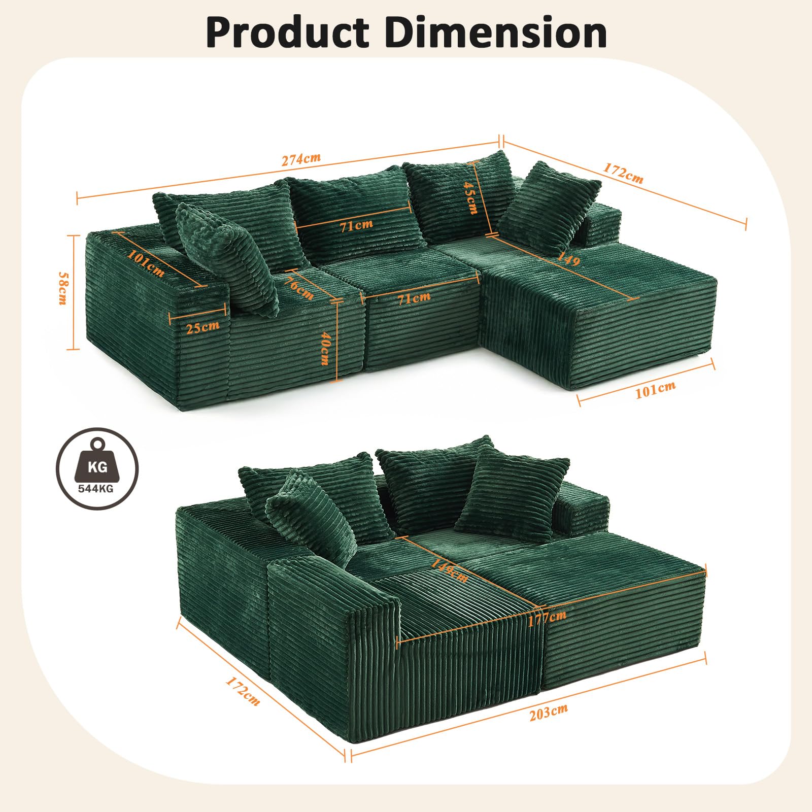 Vamcheer 3/4 Seater Modular Sectional Sofa - 274cm Oversized L-shaped Corner Couch with Memory Foam Seating & Detachable Backrest for Living Room Bedroom, No Assembly Required, Green