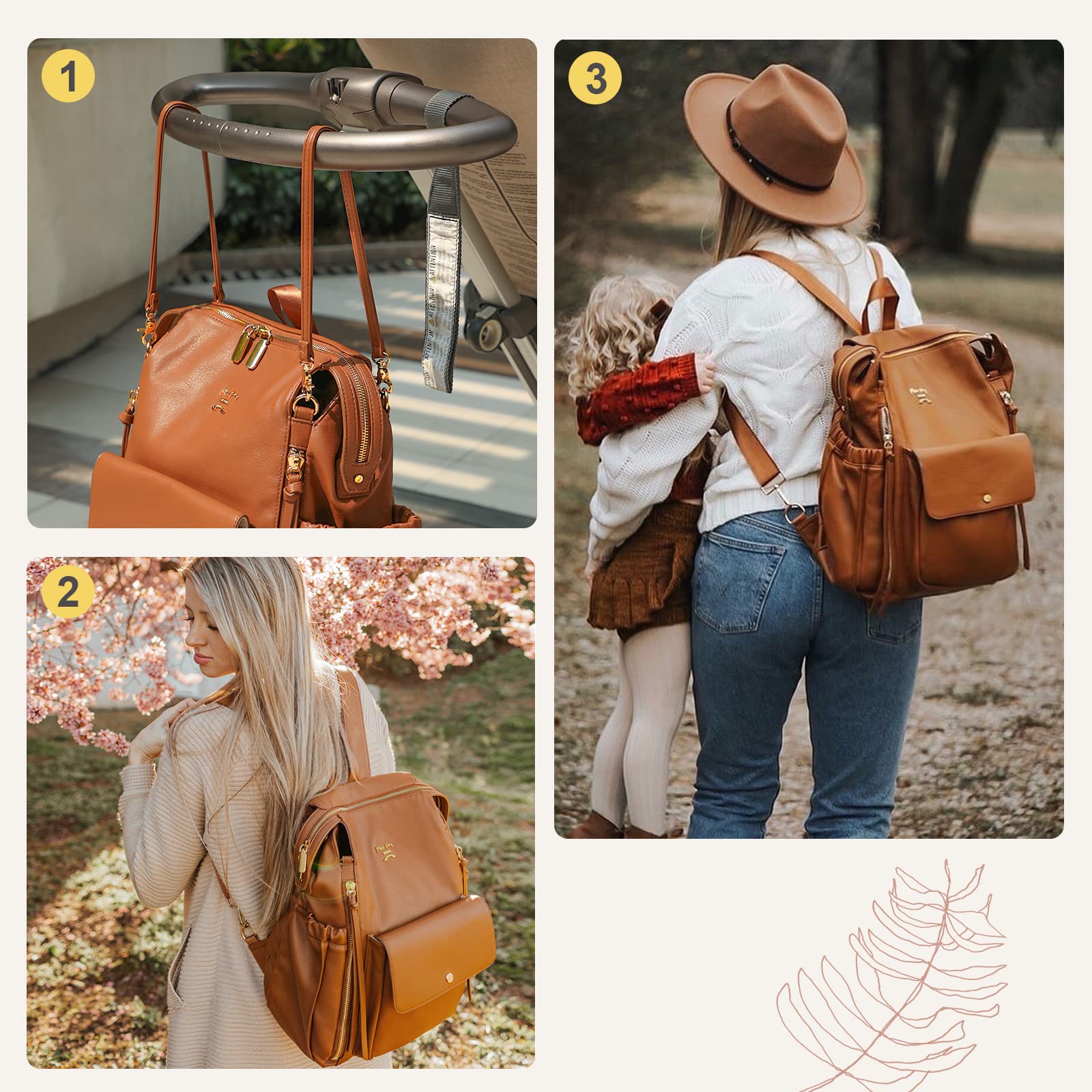 MISS FONG Wickelrucksack Wickeltasche Babytaschen Rucksack Groß Leder Baby Rucksack Kinderwagen Mom Mummy Bag Windeltasch Mit Wickelunterlage Unterwegs Schwarz Lässig Braun