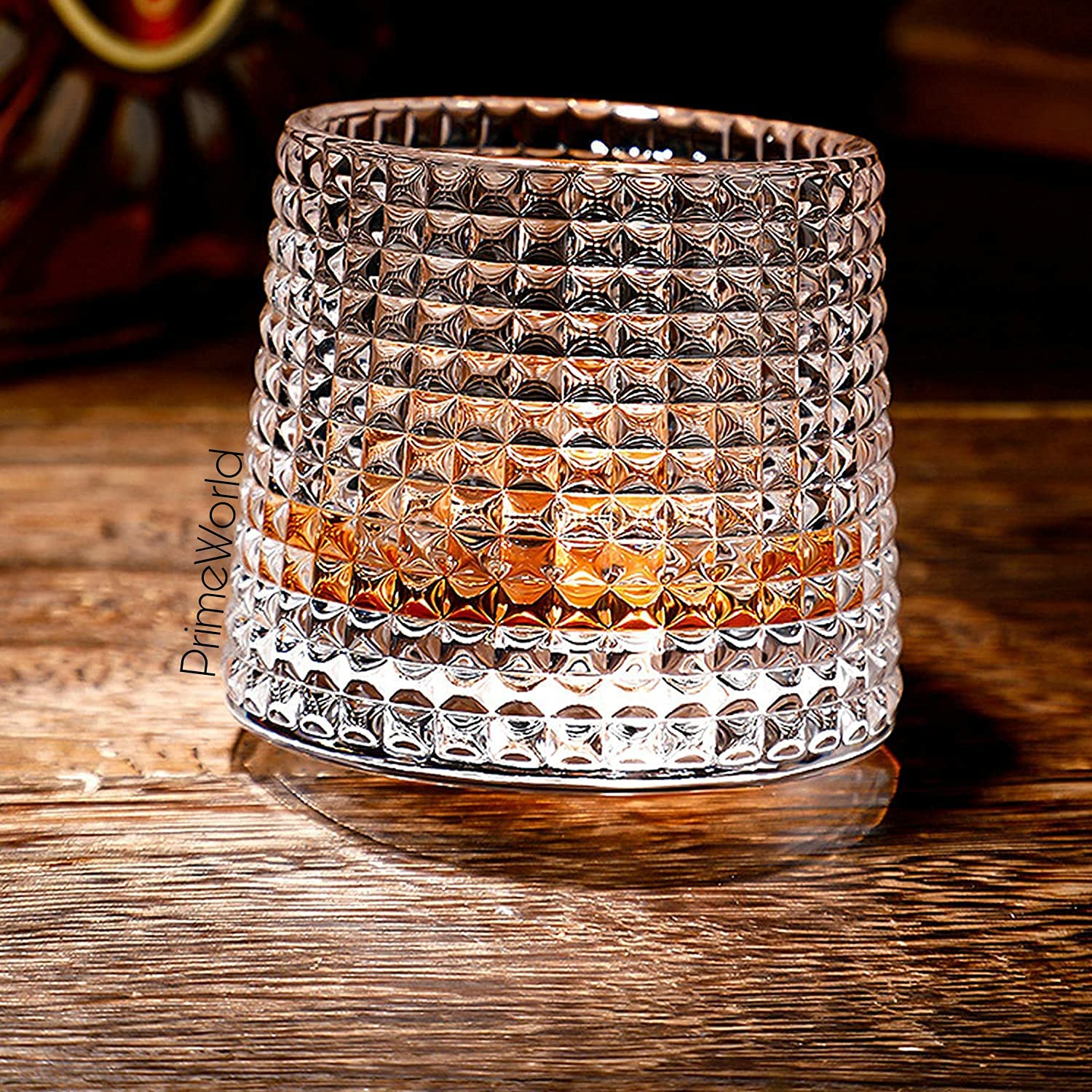 PrimeWorld Diamond Dancing Whiskey Glass Set of 2 Pcs with Rotable Bottom- Spining Glasses-375 ml Bar Glass for Drinking Bourbon, Whisky, Scotch, Cocktails, Cognac- Old Fashioned Tumblers