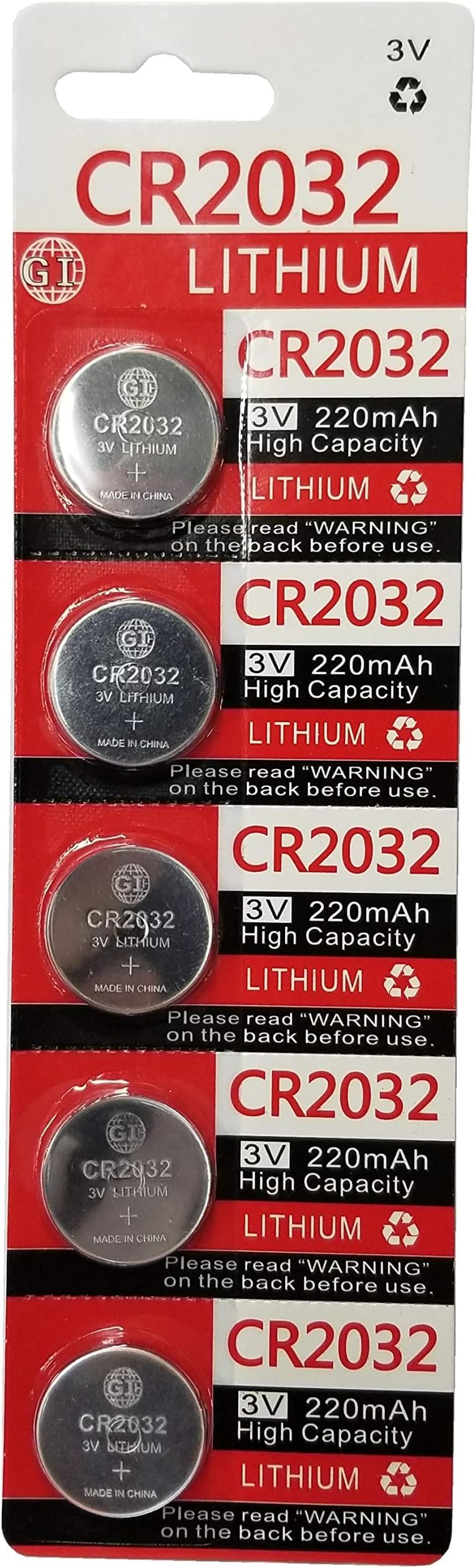 GI 3 Volt 2032 Battery, CR2032 Lithium 3v Coin Cell Watch Battery (5) Health