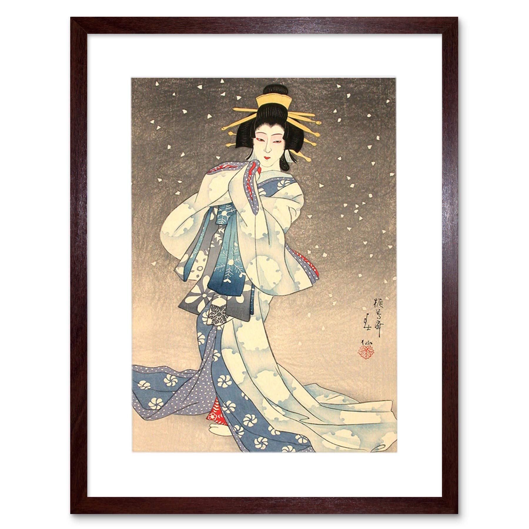 Wee Blue Coo Natori Shunsen Japanese Kabuki Theatre Geisha Artwork Framed Wall Art Print 12X16 Inch