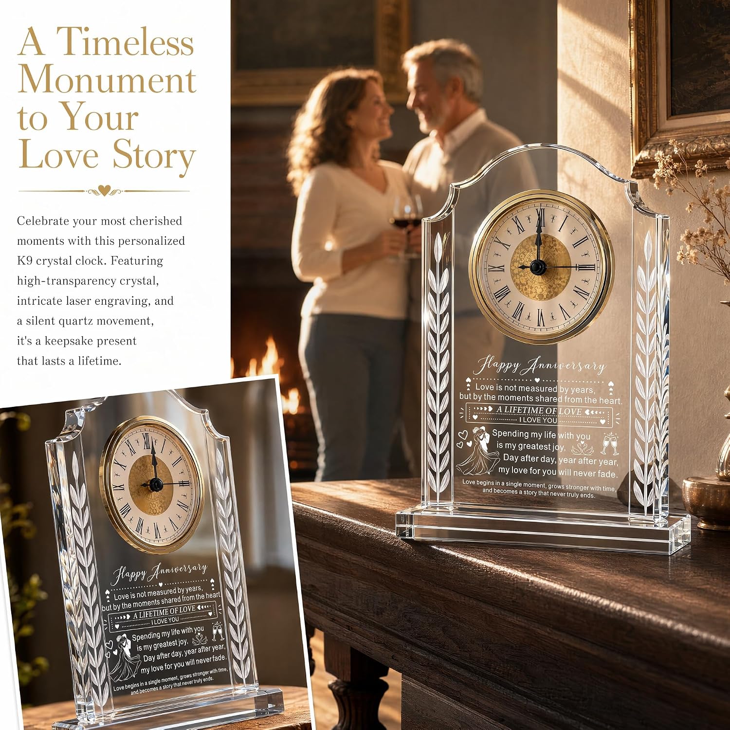 Anniversary Clock Gifts for Couple, Happy Anniversary Keepsake Desk Clock, Romantic Wedding for Wife Husband Parents, Home Decor