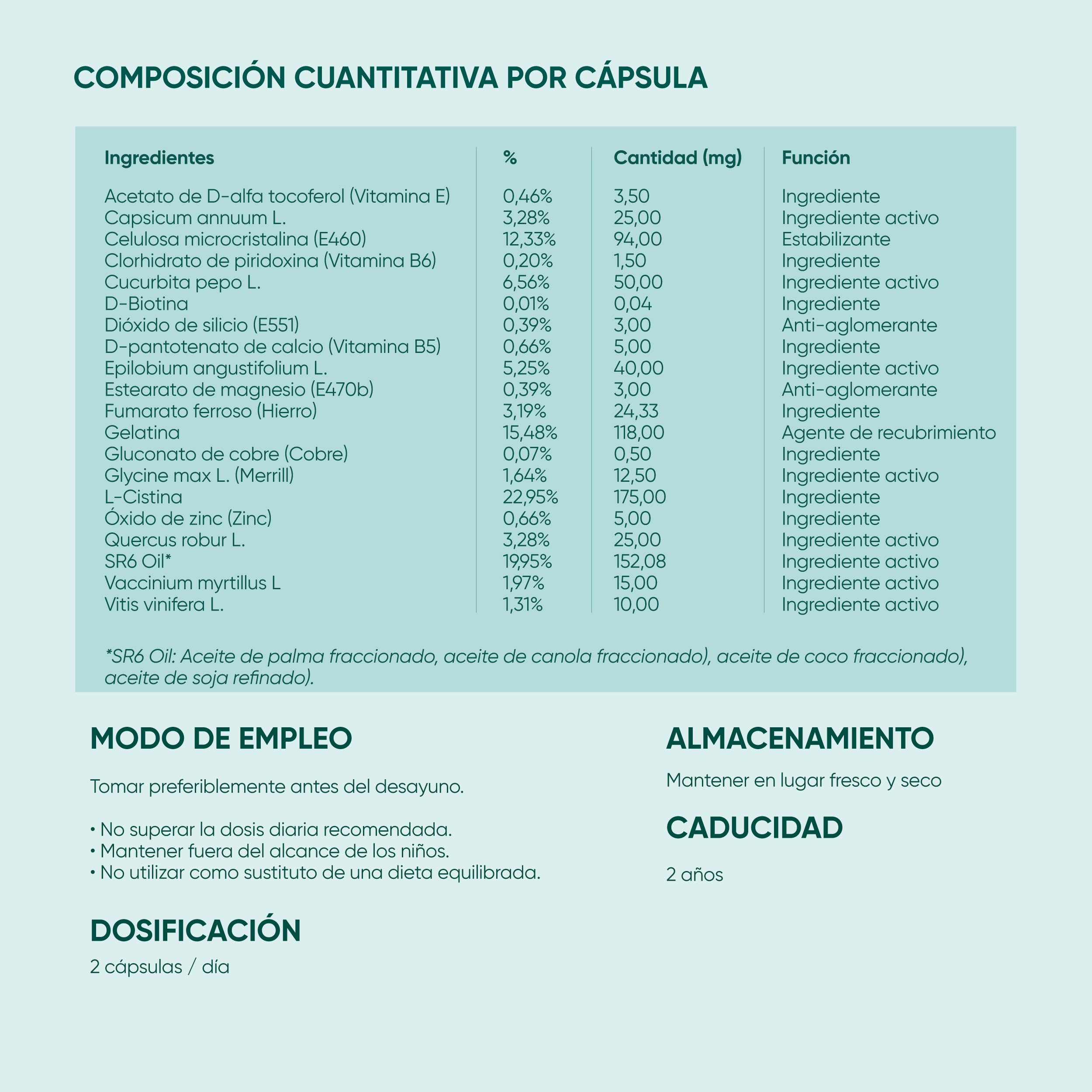 VR6 Hair Cápsulas Anticaída Cabello Mujer y Hombre 120 Uds Biotina Zinc Vitaminas B5 B6 E SR6 Oil