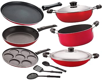NIRLON Non-Stick Aluminium Heat Resistance, Kitchenware Essential Combo Cookware Set?, 9 - Piece [26_FT13_DKDM_CH_UP_Cass20_TP24_3SPN]