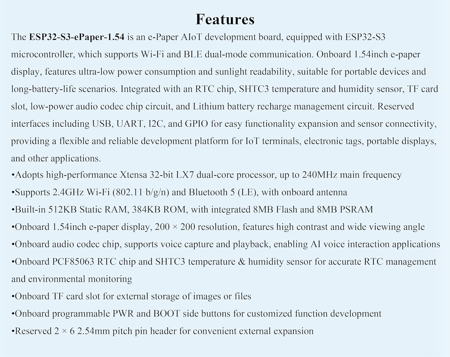 ESP32-S3 1.54inch e-Paper AIoT Development Board, Supports AI Speech Interaction, Temperature and Humidity Monitoring, DIY, etc. 200 x 200, Black/White, Wi-Fi and BLE Dual-Mode Communication