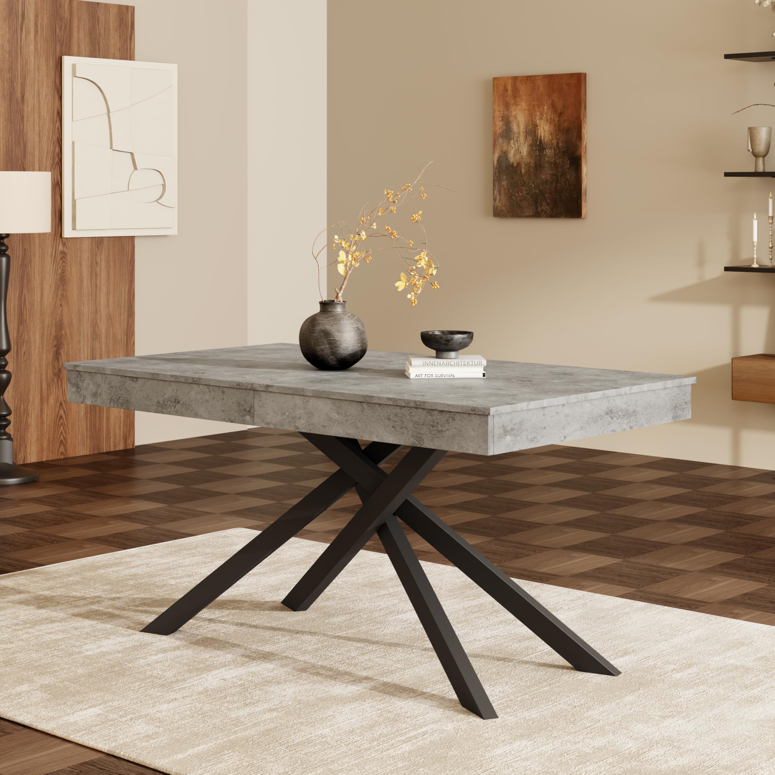 Tavolo da pranzo allungabile, 140/180 x 80 cm, adatto per 6-8 persone, forma destra, tavolo ispessito, gambe in metallo, stile semplice, tavolo per sala da pranzo, cucina, soggiorno (grigio)