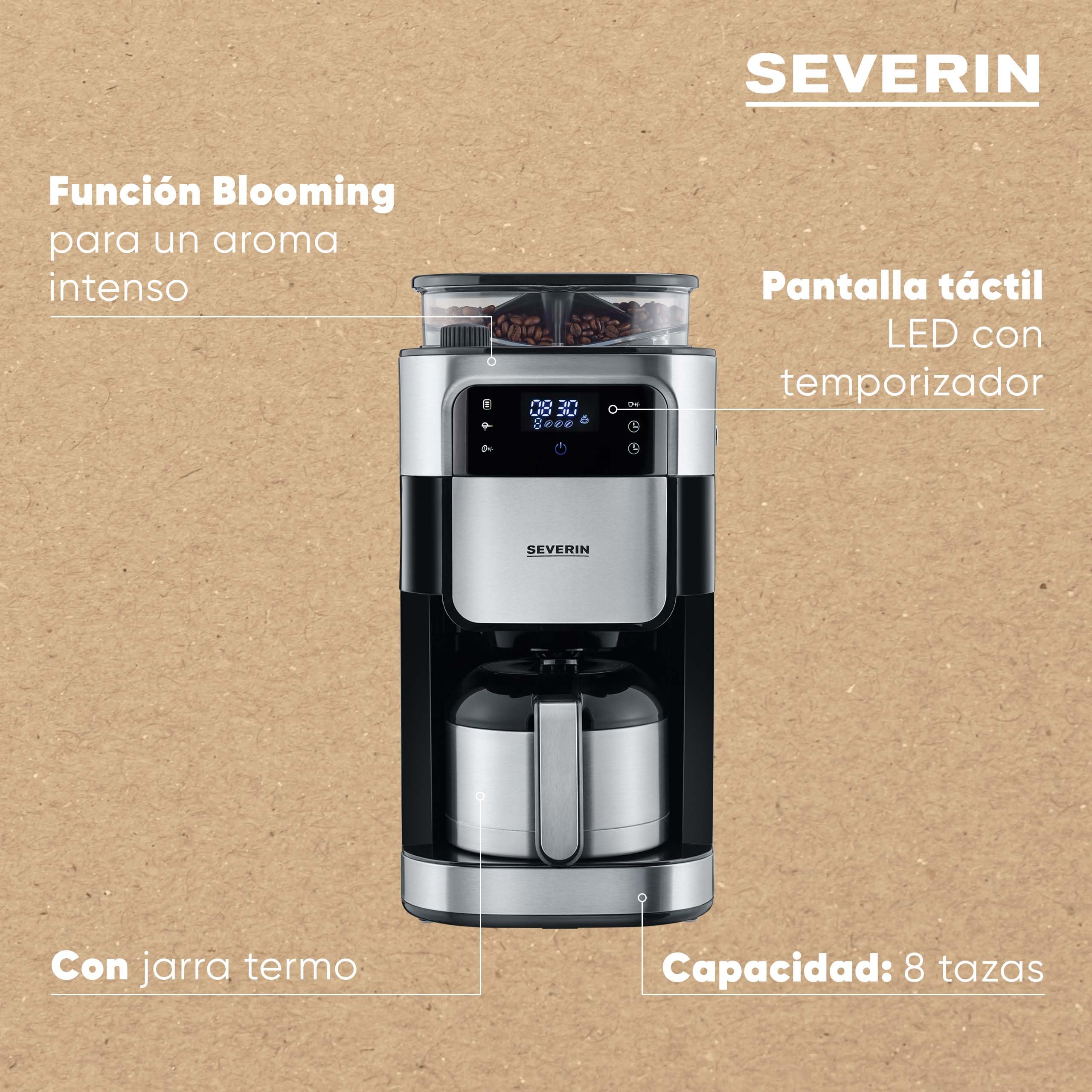 SEVERIN - Cafetera de goteo con molinillo hasta 10 tazas, Cafetera de filtro / Cafetera americana con jarra de cristal de 1l, con pantalla LED con temporizador, Acero inoxidable / Negro, KA 4814