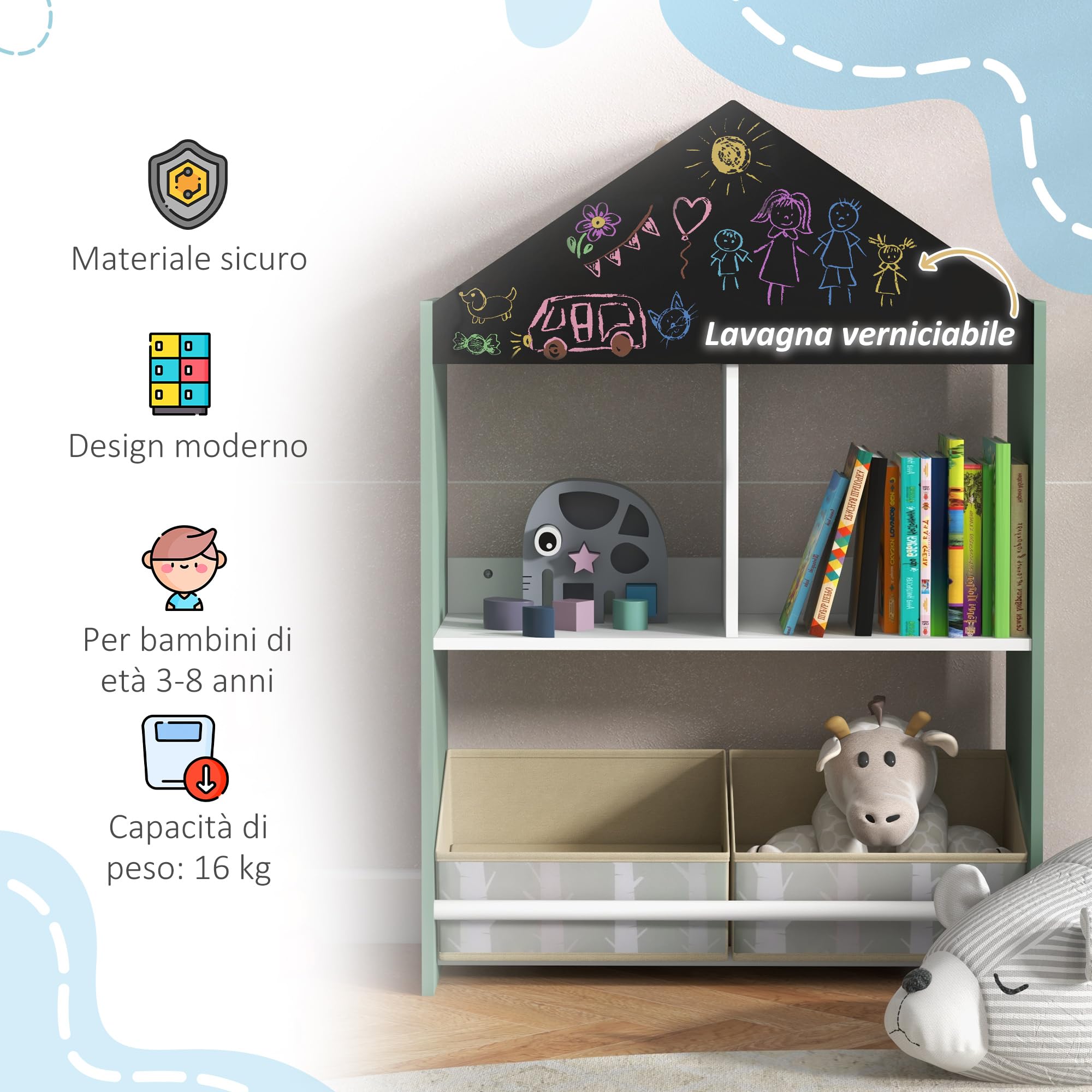 ZONEKIZ Scaffale Portagiochi per Bambini con Lavagna, Mobile per Cameretta con Cassetti Rimovibili e Ripiani, Arredamento per Bambini da Salotto e Asilo, Verde