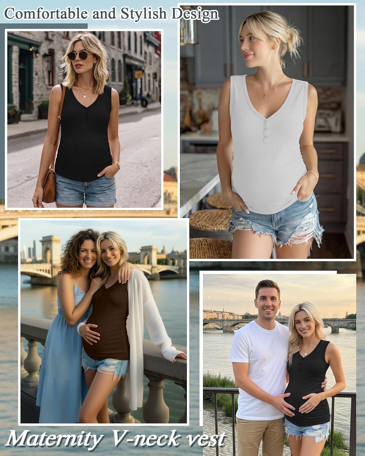 3 Pack Women's Maternity Tank Tops Ribbed Cotton Pregnancy Sleeveless Shirts Henley Vneck Side Ruched Mama Clothes - Image 4