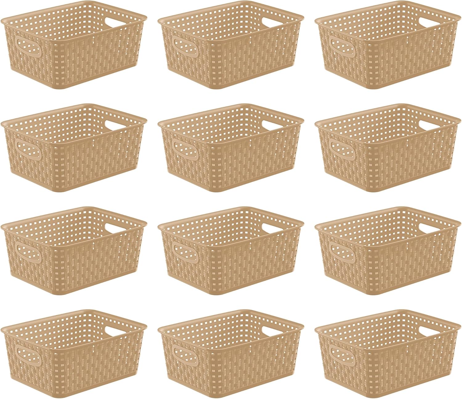 Khaki Stackable Storage Baskets, Plastic Weave Basket Organizer and Storage Set of 12, Pantry Organizing Baskets for Shelves, Kitchens, Bathrooms, Classrooms, Cabinets and Bedrooms
