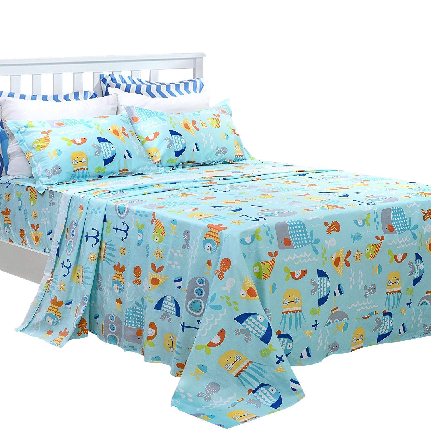 Parure de lit enfant garçon en coton respirant 4 pièces Brandream motif Sea Adventure lit simple
